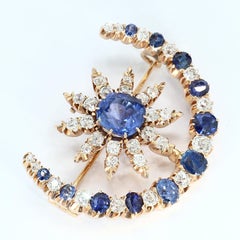14k Rose Gold Crescent Brooch with Blue Sapphire & White Diamonds