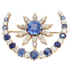 14k Rose Gold Crescent Brooch with Blue Sapphire & White Diamonds