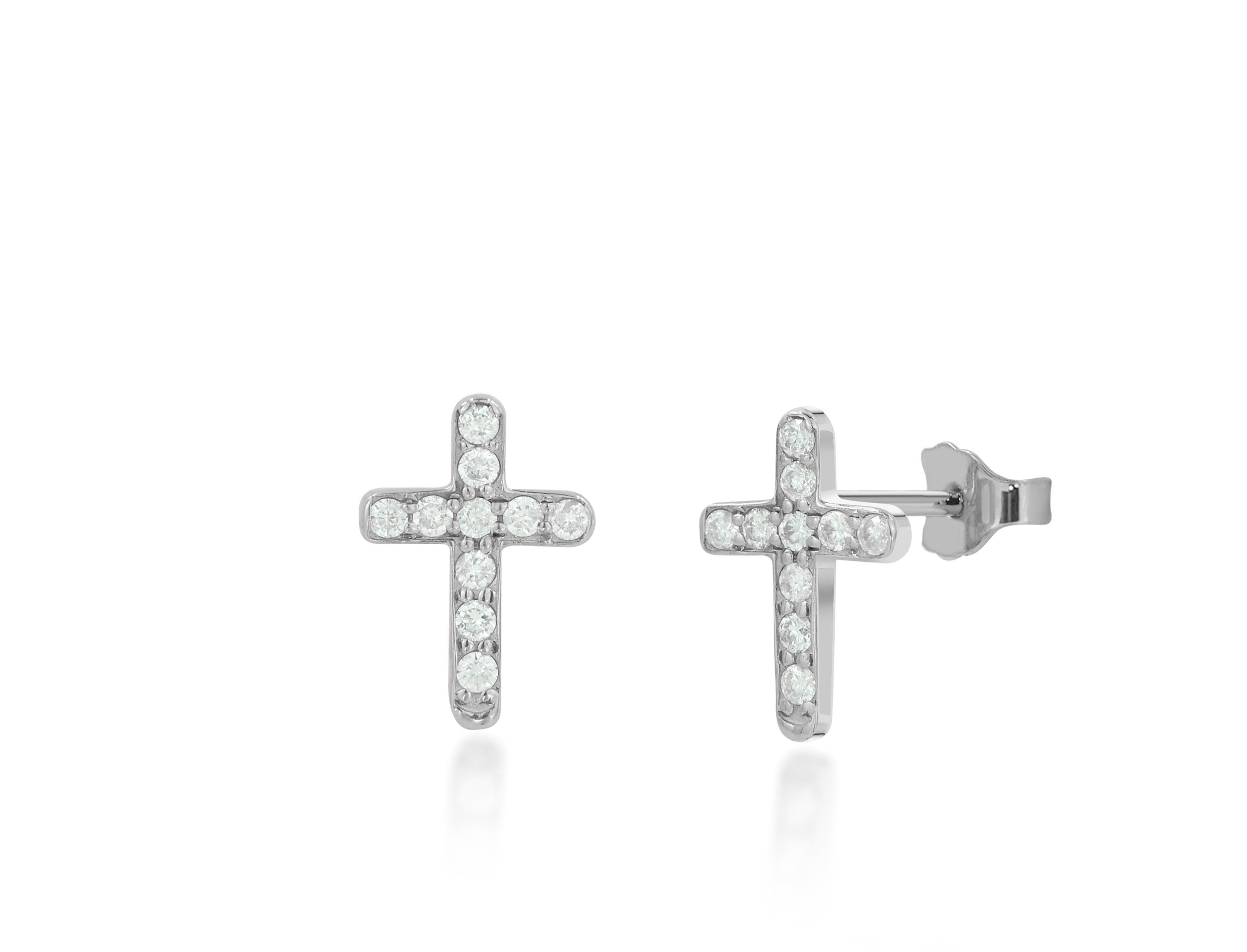Moderne Boucles d'oreilles croix en or 14k Boucles d'oreilles croix religieuse en diamant en vente