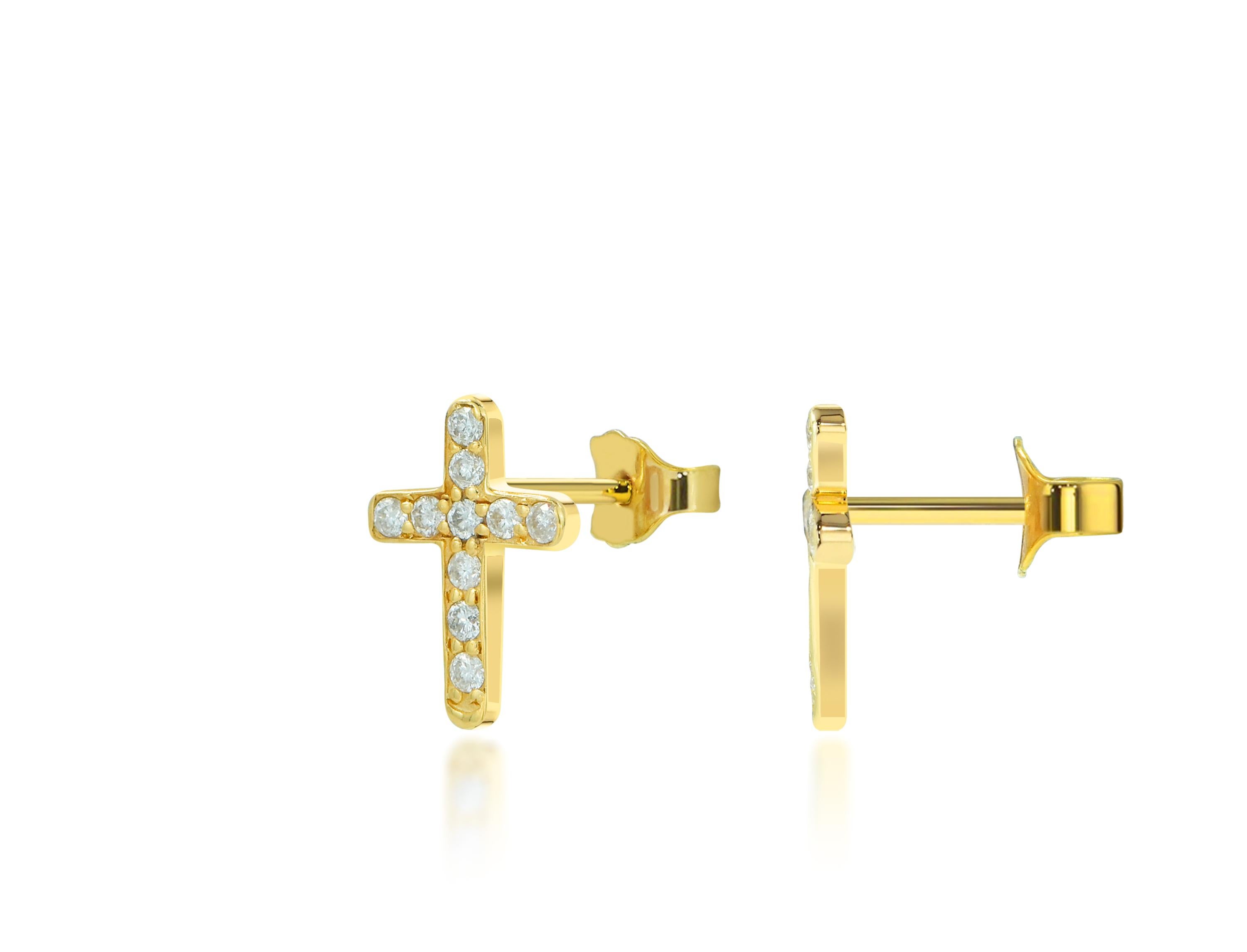 Taille ronde Boucles d'oreilles croix en or 14k Boucles d'oreilles croix religieuse en diamant en vente