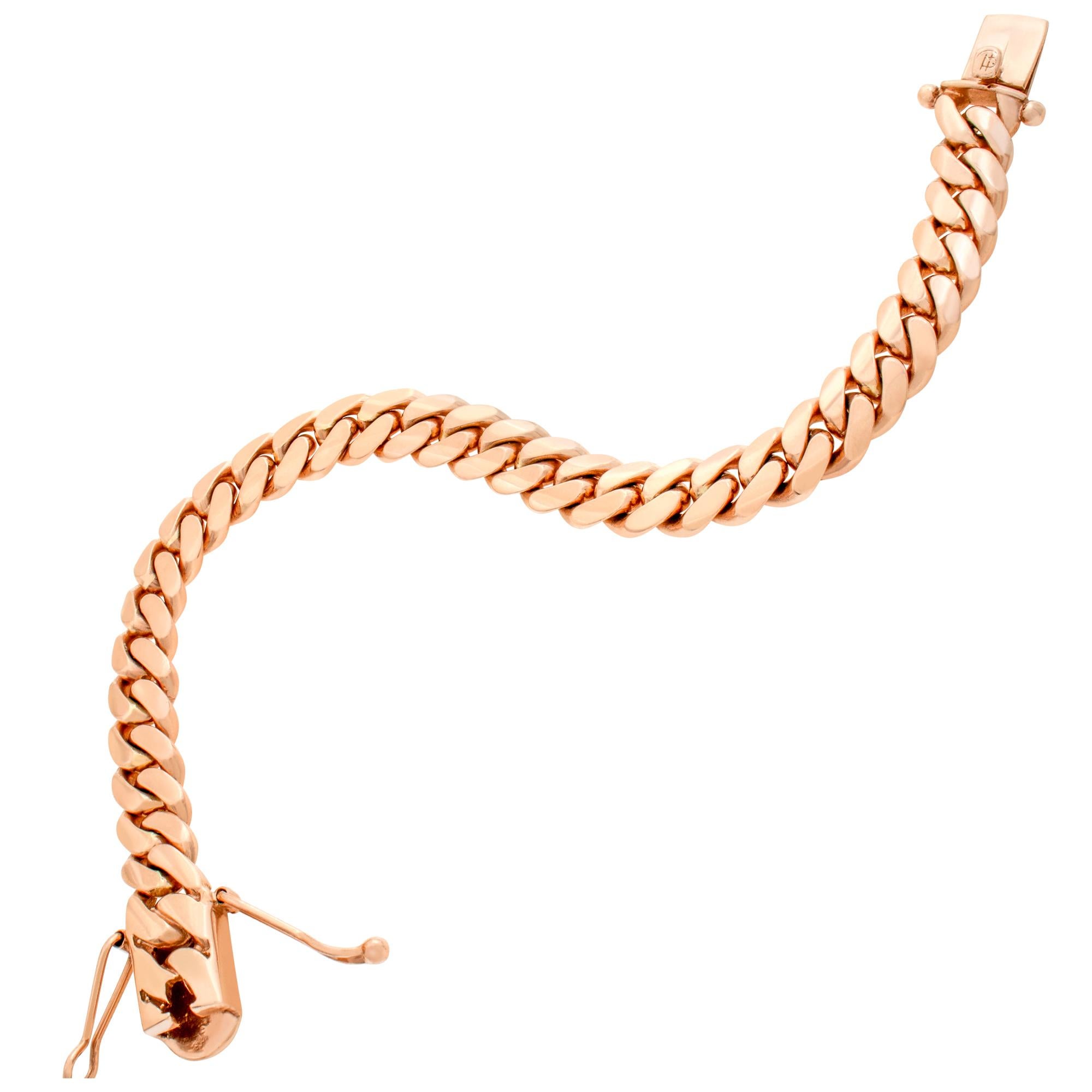 Mens 14k rose gold cuban link bracelet fits wrist up to 7.5 inches, width measures 9mm.
