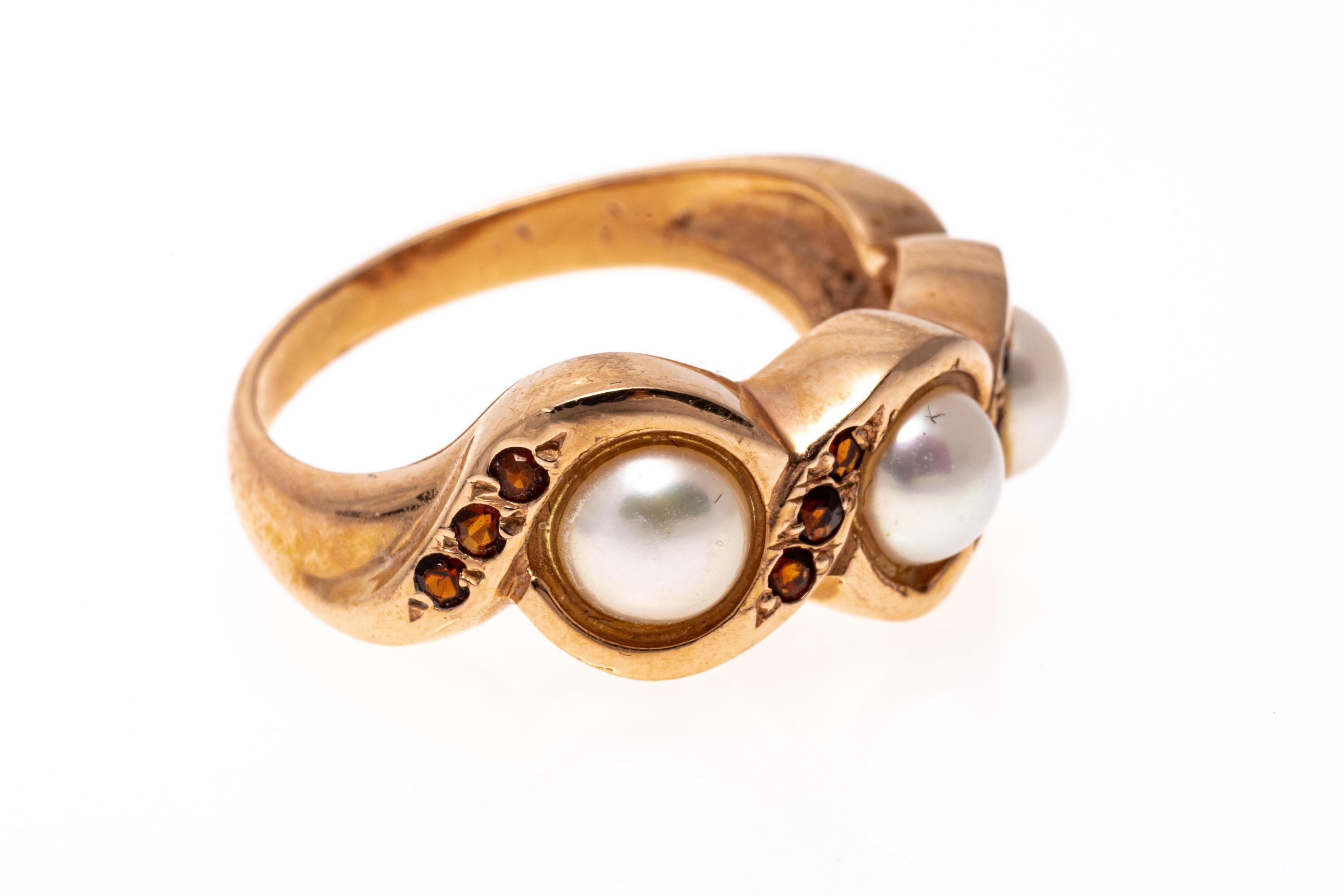 Retro 14k Rose Gold Cultured Freshwater Pearl and Garnet Band Ring For Sale