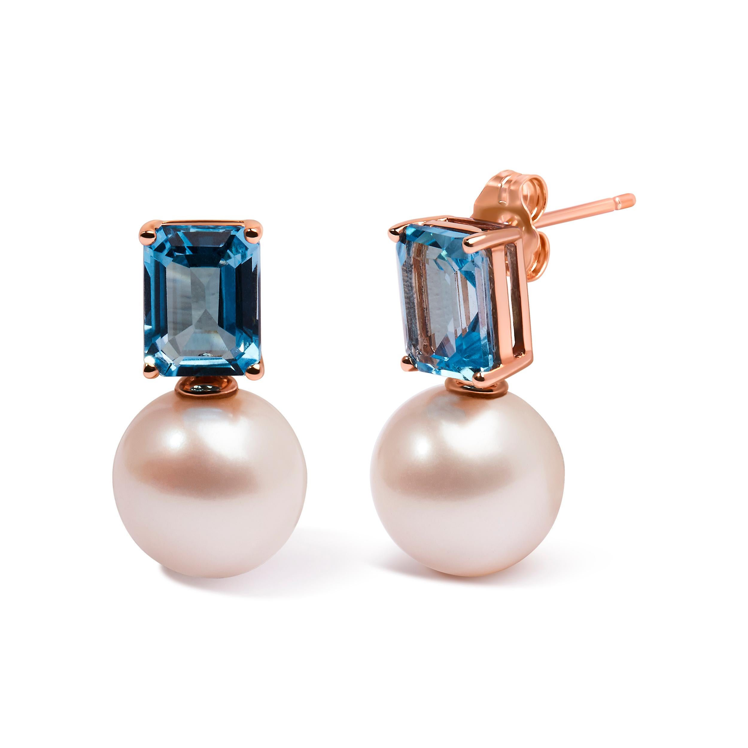 Immerse yourself in a world of refined elegance with these captivating earrings. Crafted from the blush beauty of 14K rose gold, they harmoniously unite the ethereal charm of freshwater-cultured pearls with the alluring allure of octagon-cut Swiss