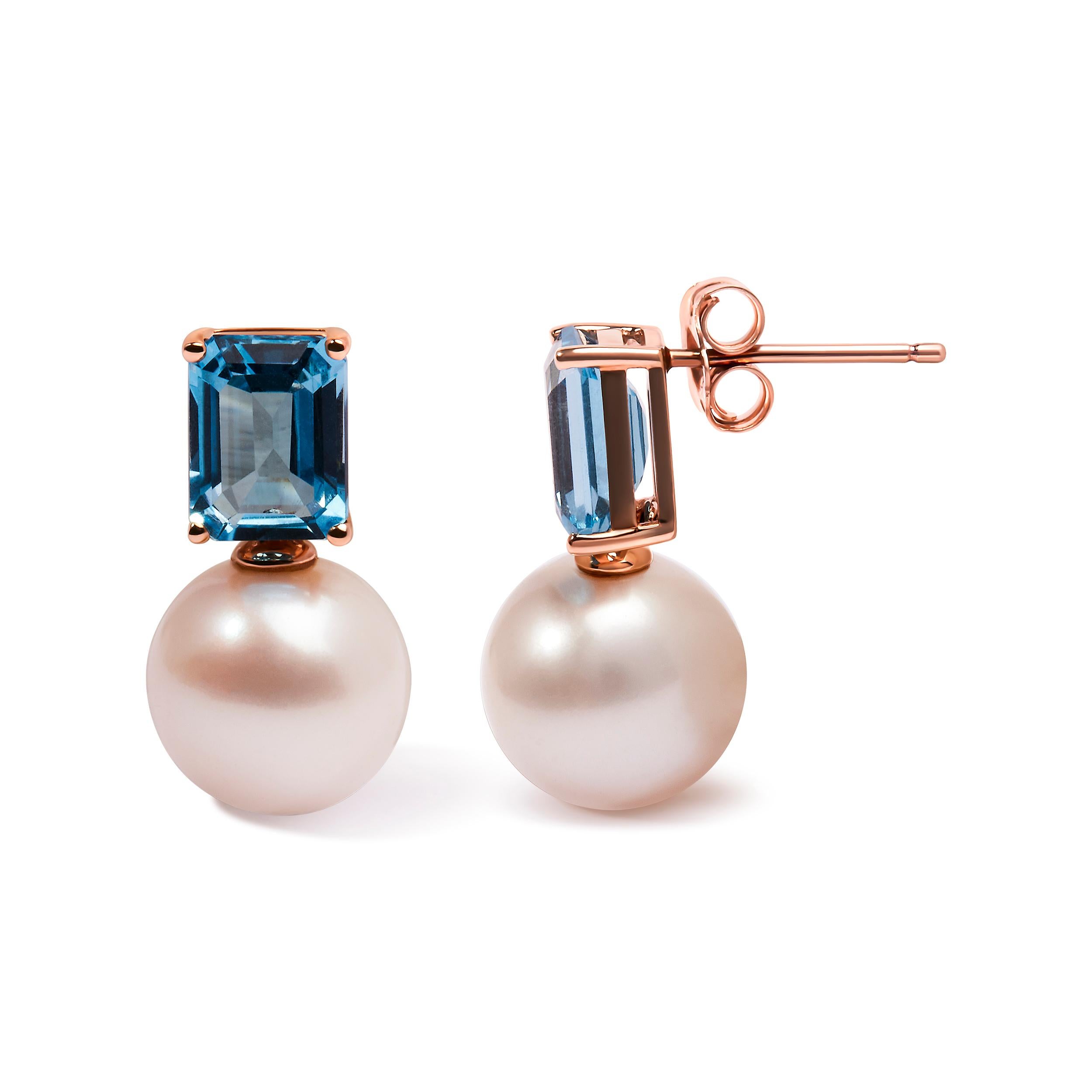 Contemporary 14K Rose Gold Cultured Freshwater Pearl & Octagon Swiss Blue Topaz Drop Earrings For Sale