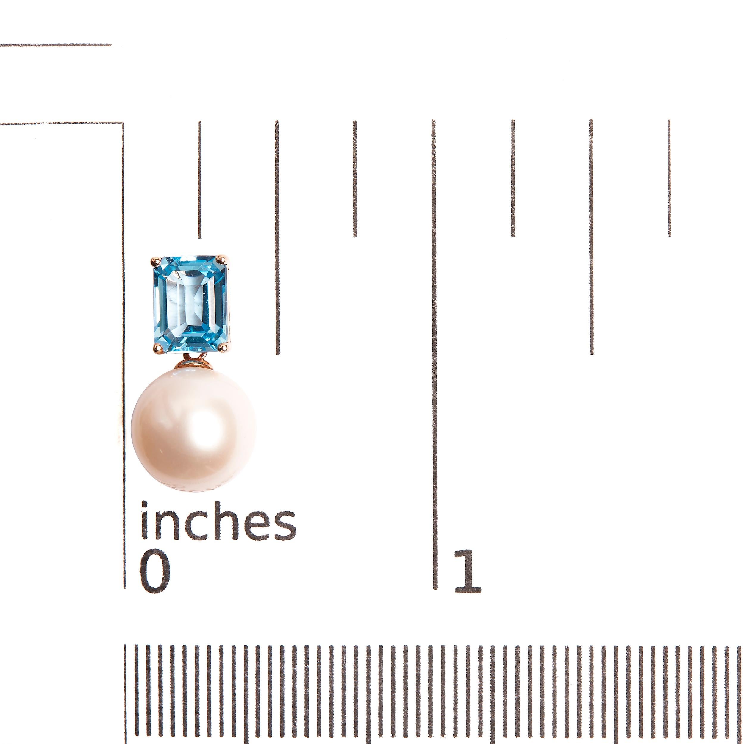 14K Rose Gold Cultured Freshwater Pearl & Octagon Swiss Blue Topaz Drop Earrings In New Condition For Sale In New York, NY