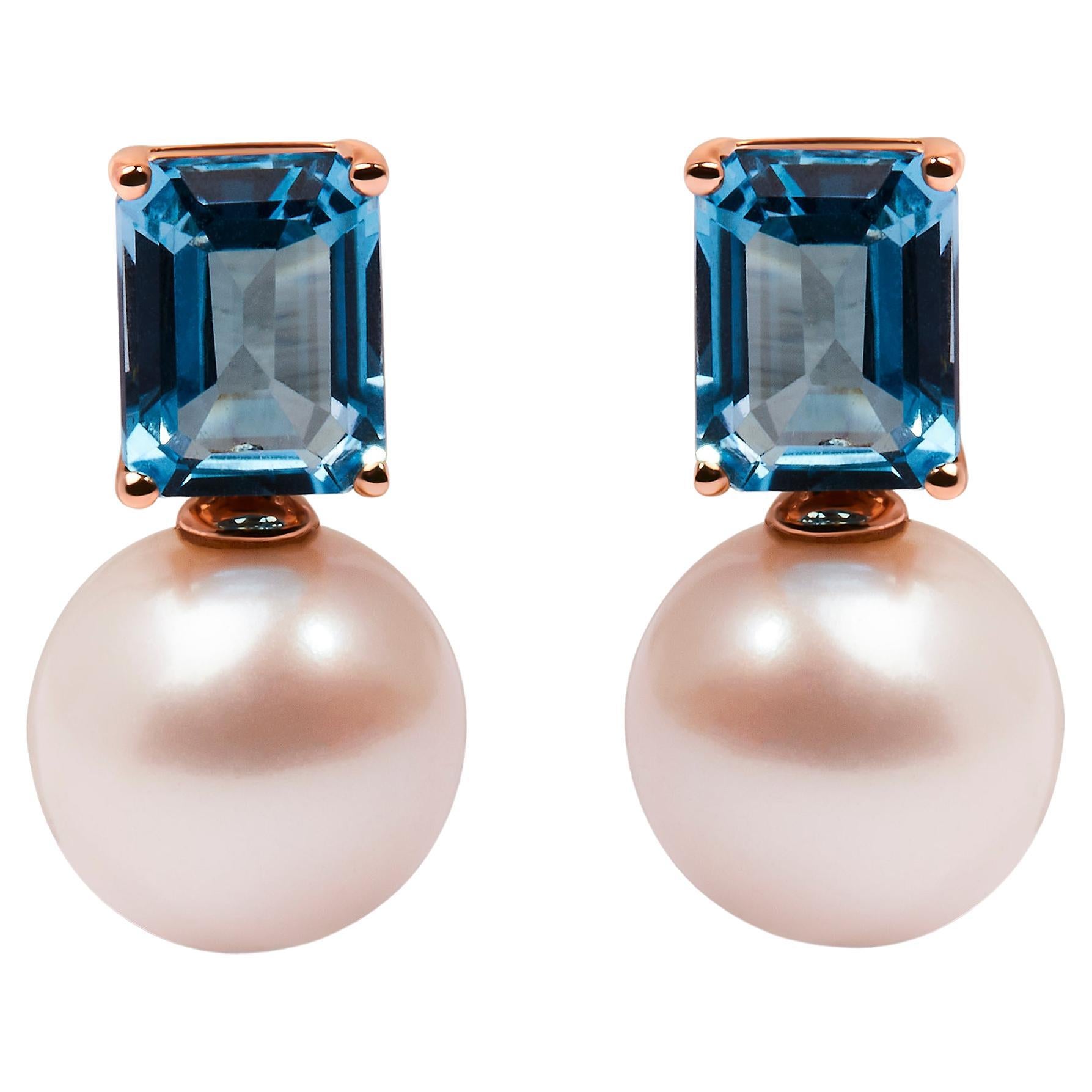 14K Rose Gold Cultured Freshwater Pearl & Octagon Swiss Blue Topaz Drop Earrings For Sale