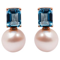 14K Rose Gold Cultured Freshwater Pearl & Octagon Swiss Blue Topaz Drop Earrings