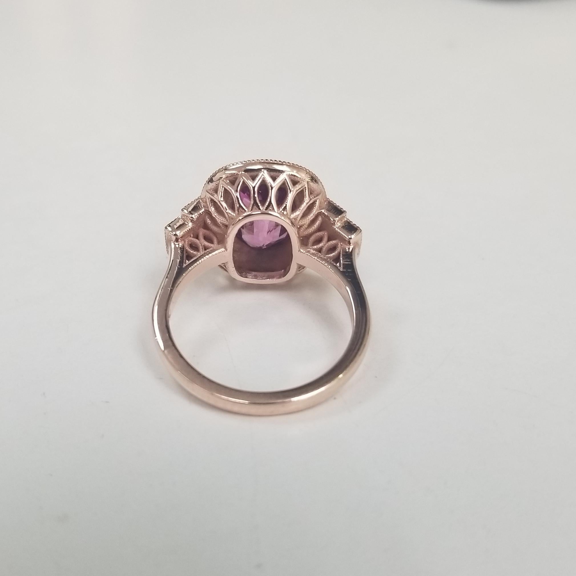 14k Rose Gold Cushion Cut Pink Tourmaline and Diamond Ring with Milgraining In New Condition For Sale In Los Angeles, CA