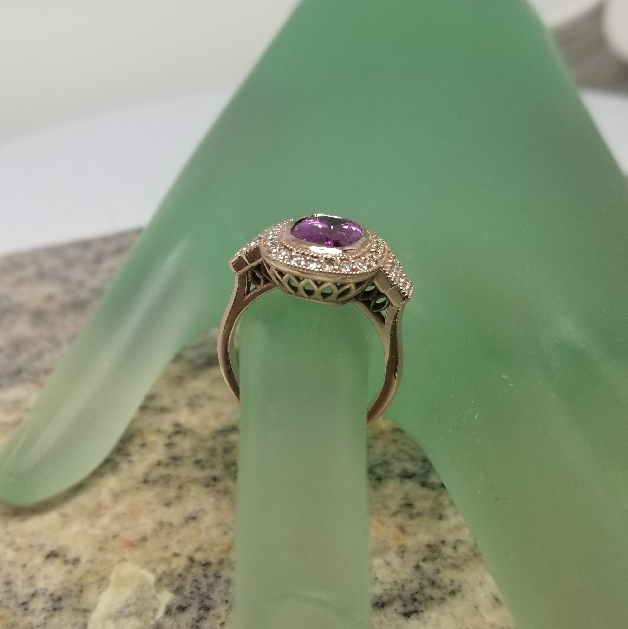 14k Rose Gold Cushion Cut Pink Tourmaline and Diamond Ring with Milgraining For Sale 1