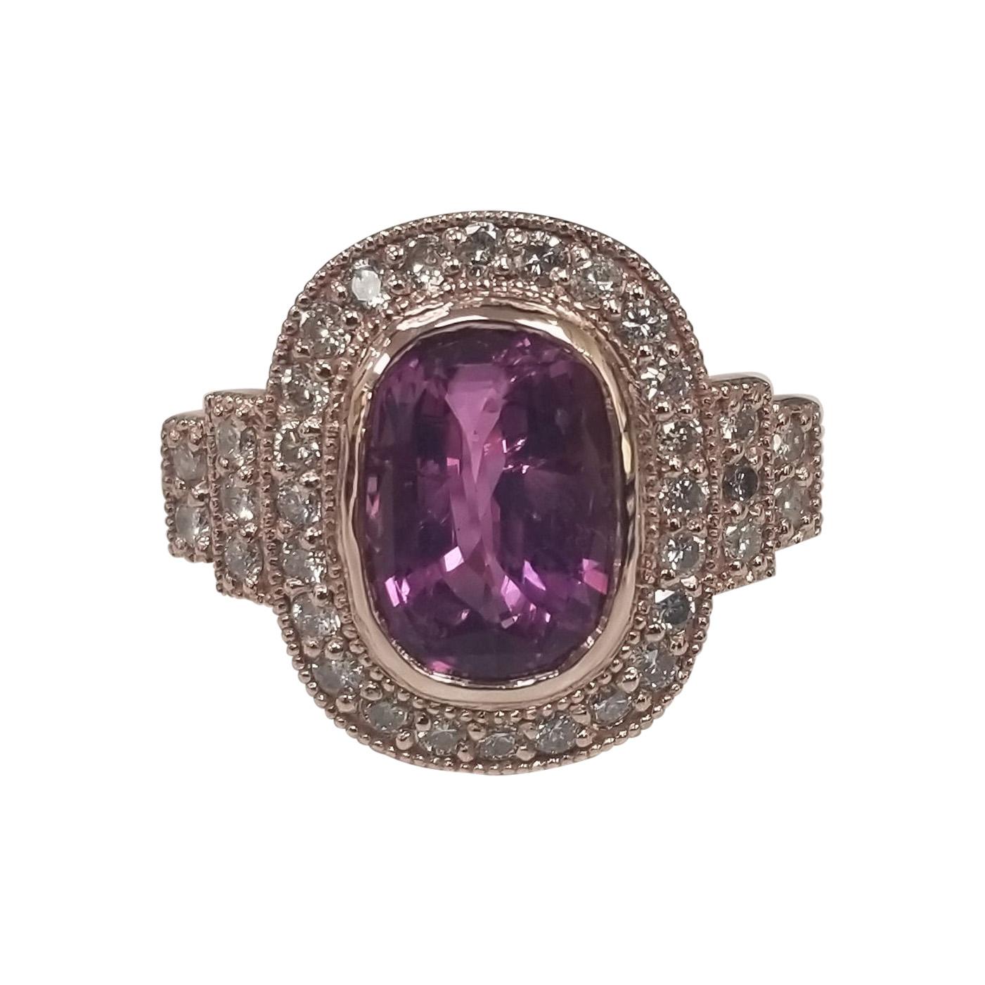14k Rose Gold Cushion Cut Pink Tourmaline and Diamond Ring with Milgraining For Sale