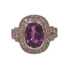 Bague en or rose 14 carats avec tourmaline rose taille coussin et diamants, avec grains fins