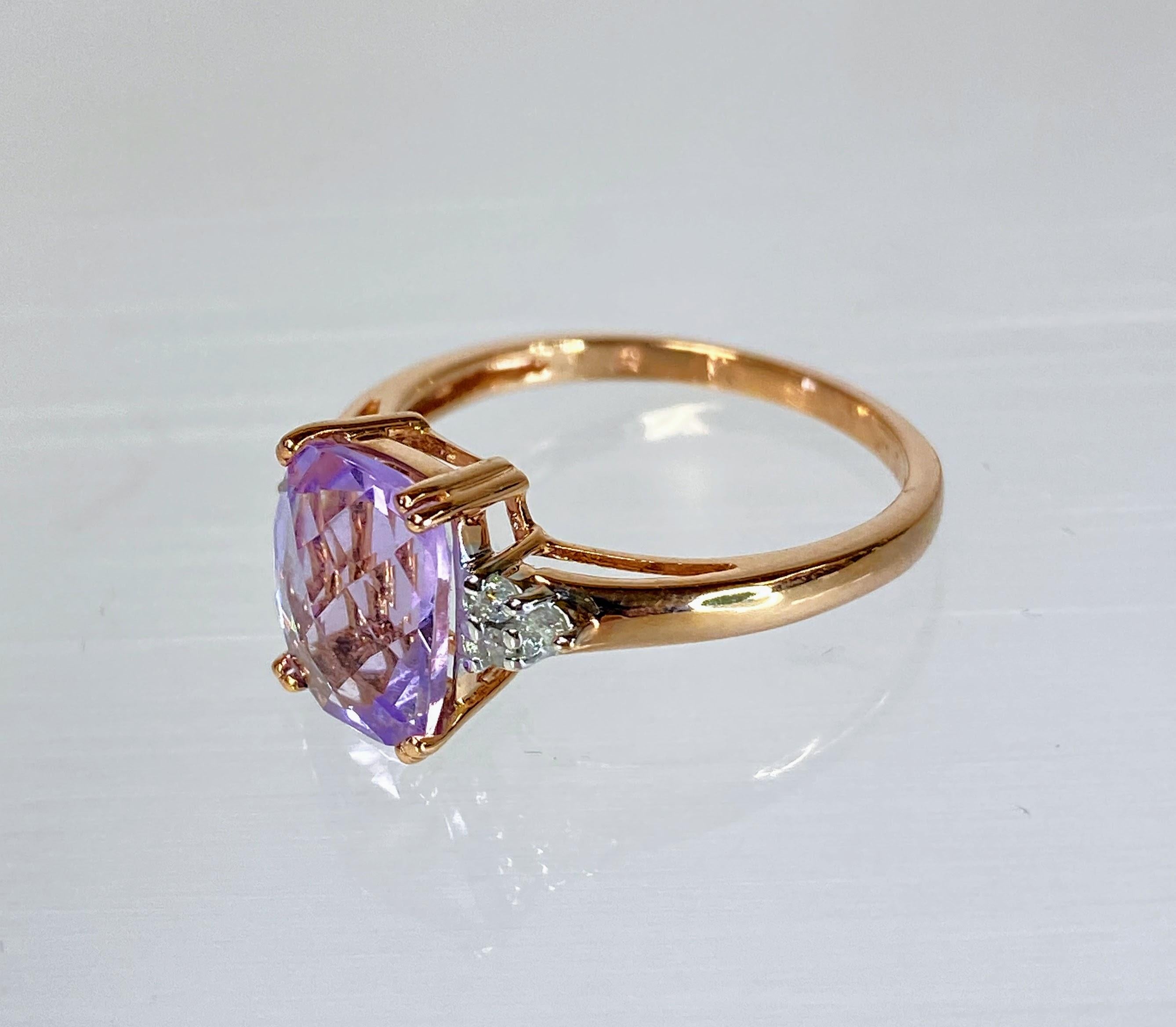 Bague en or rose 14K avec améthyste taillée en coussin et diamant, pierre de naissance violette Sz 9 Unisexe en vente