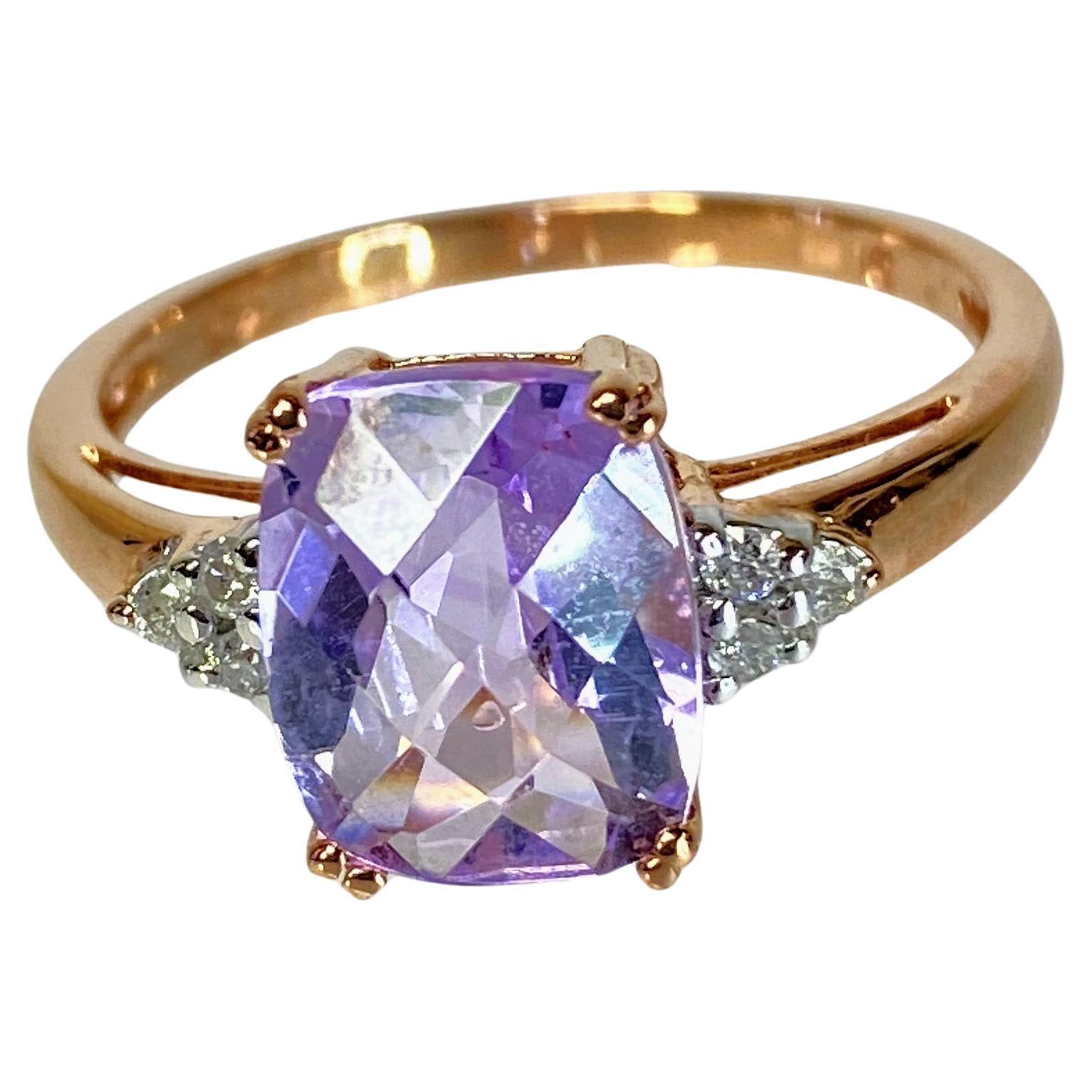 Bague en or rose 14K avec améthyste taillée en coussin et diamant, pierre de naissance violette Sz 9 en vente