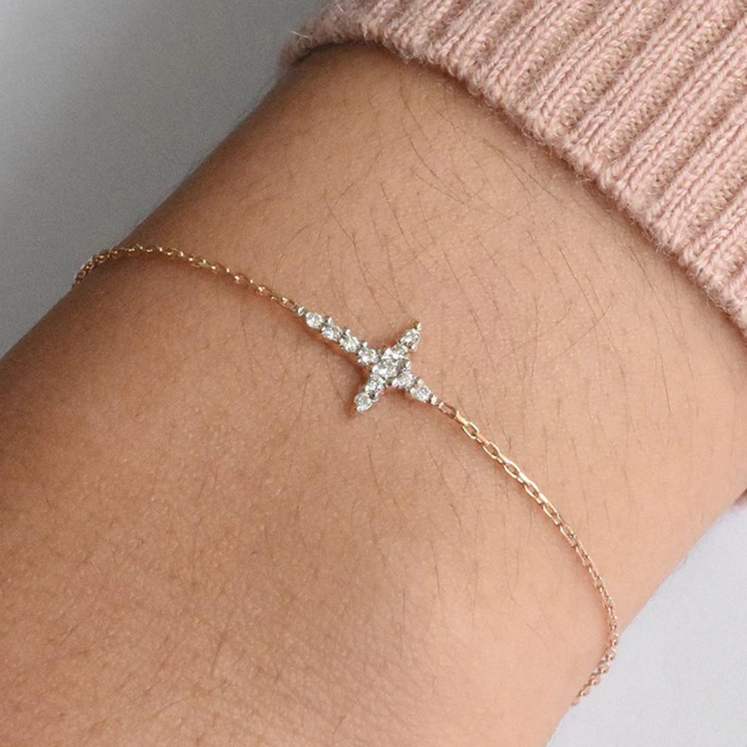 Dainty Cross Bracelet is made of 14k solid gold.
Available in three colors of gold: White Gold / Rose Gold / Yellow Gold.

Natural genuine round cut diamond each diamond is hand selected by me to ensure quality and set by a master setter in our