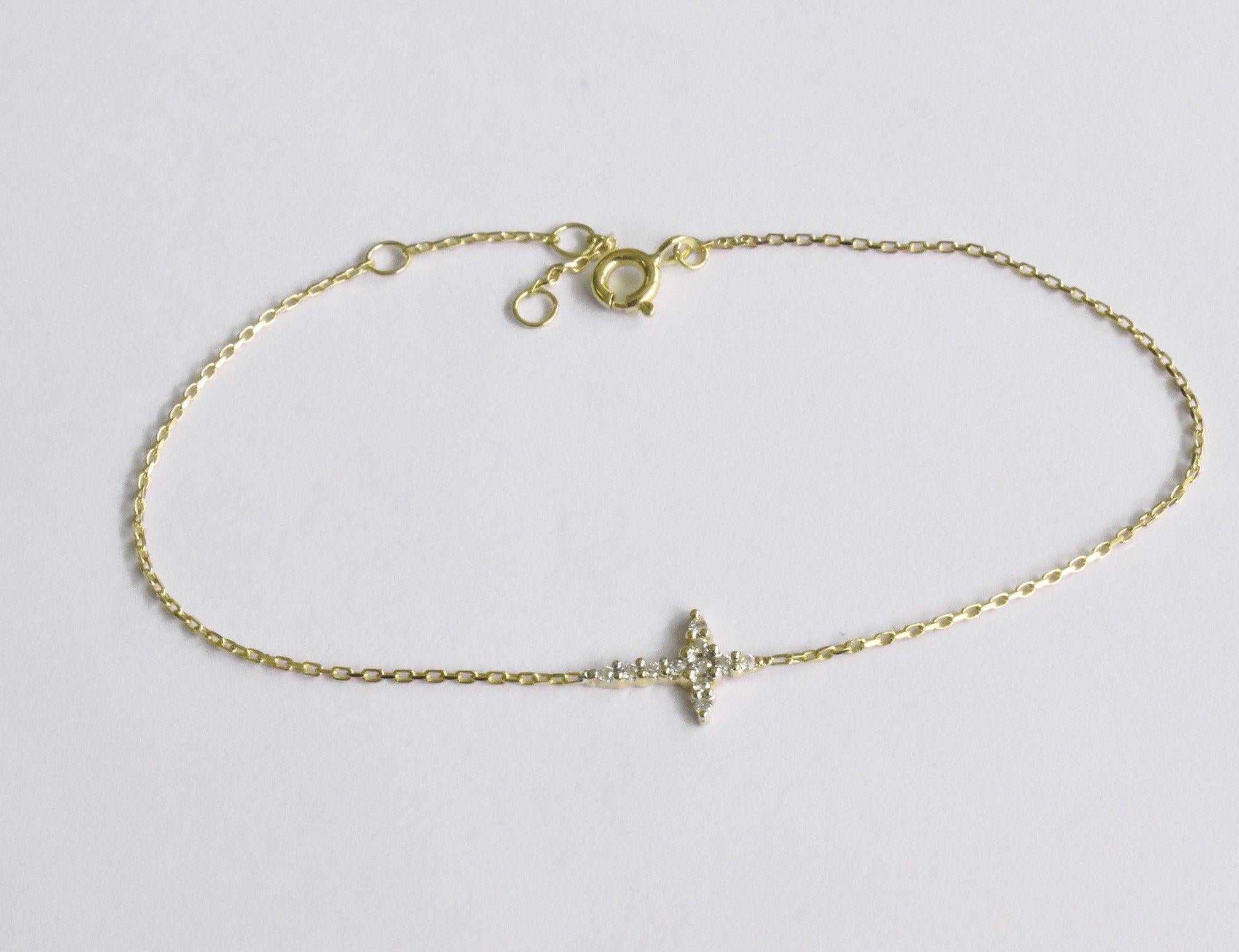 Modern 14k Gold Dainty Cross Bracelet Tiny Cross Diamond Bracelet For Sale