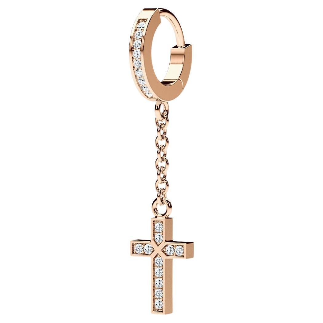 14k Rose Gold Dangle Cross Hoop Earring with 0.12ct Diamonds For Sale