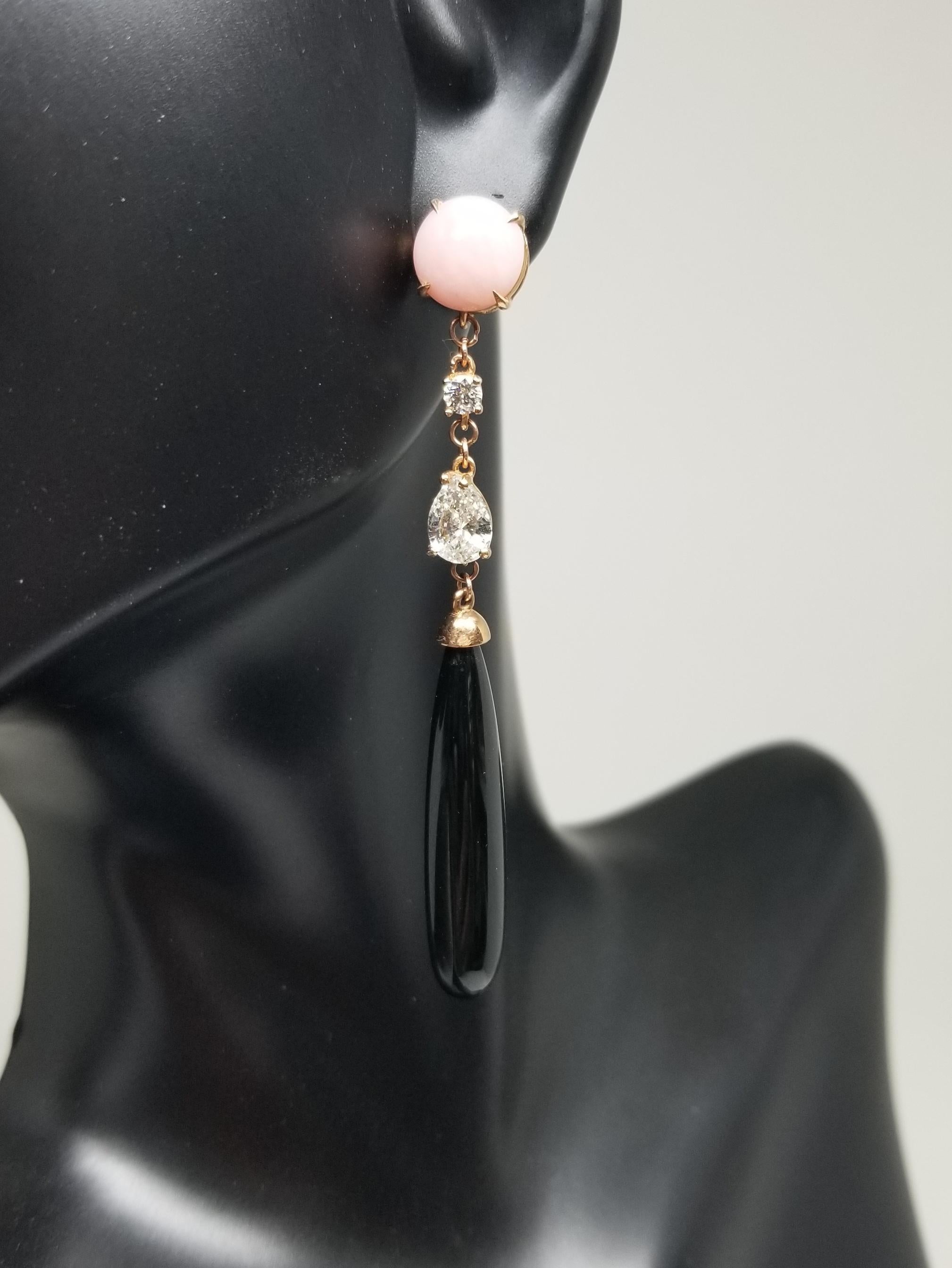 Art Deco 14 Karat Rose Gold Deco Inspired Pink Opal, Diamond and Black Jade Earrings For Sale
