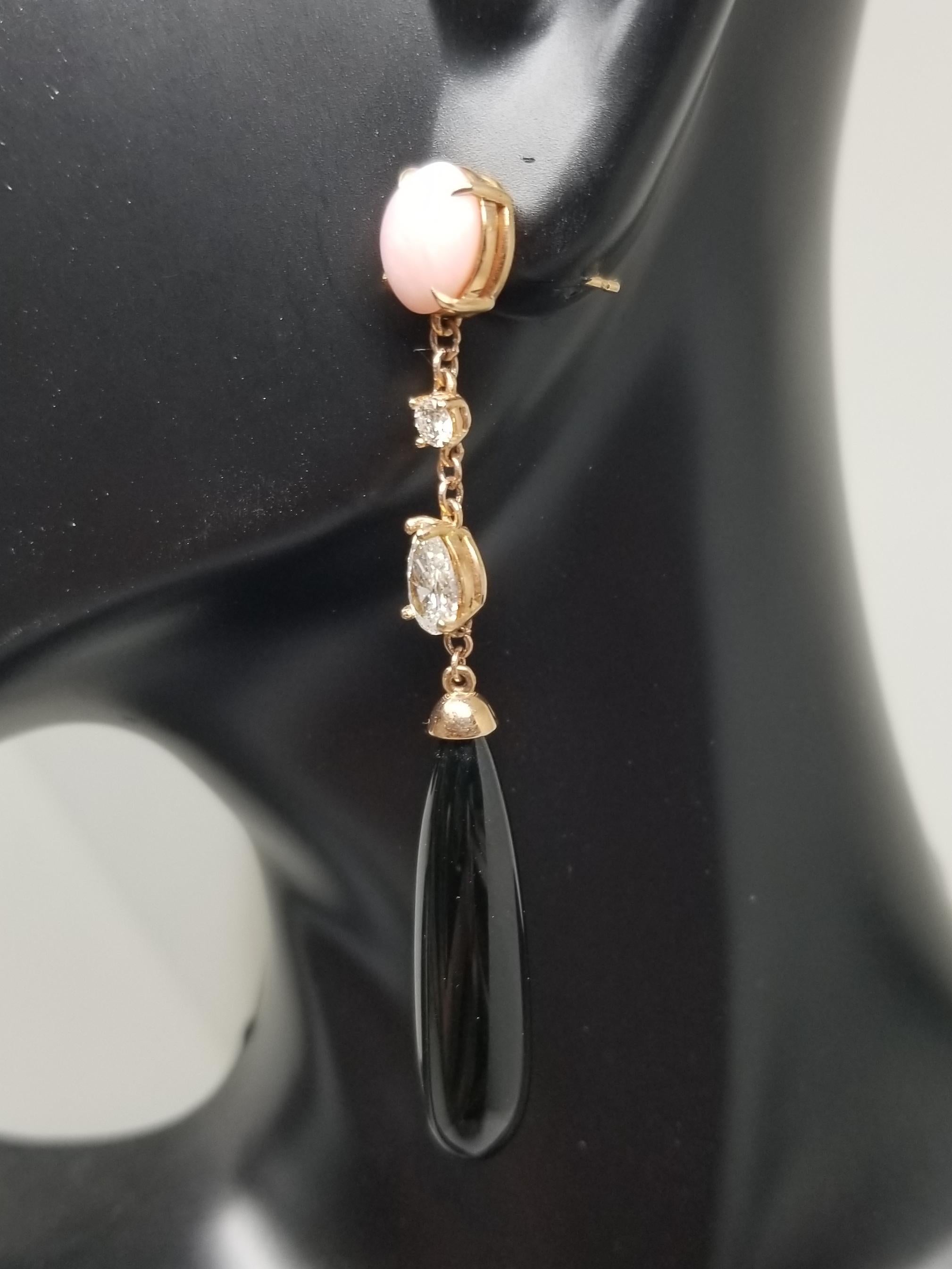 14 Karat Rose Gold Deco Inspired Pink Opal, Diamond and Black Jade Earrings In New Condition For Sale In Los Angeles, CA