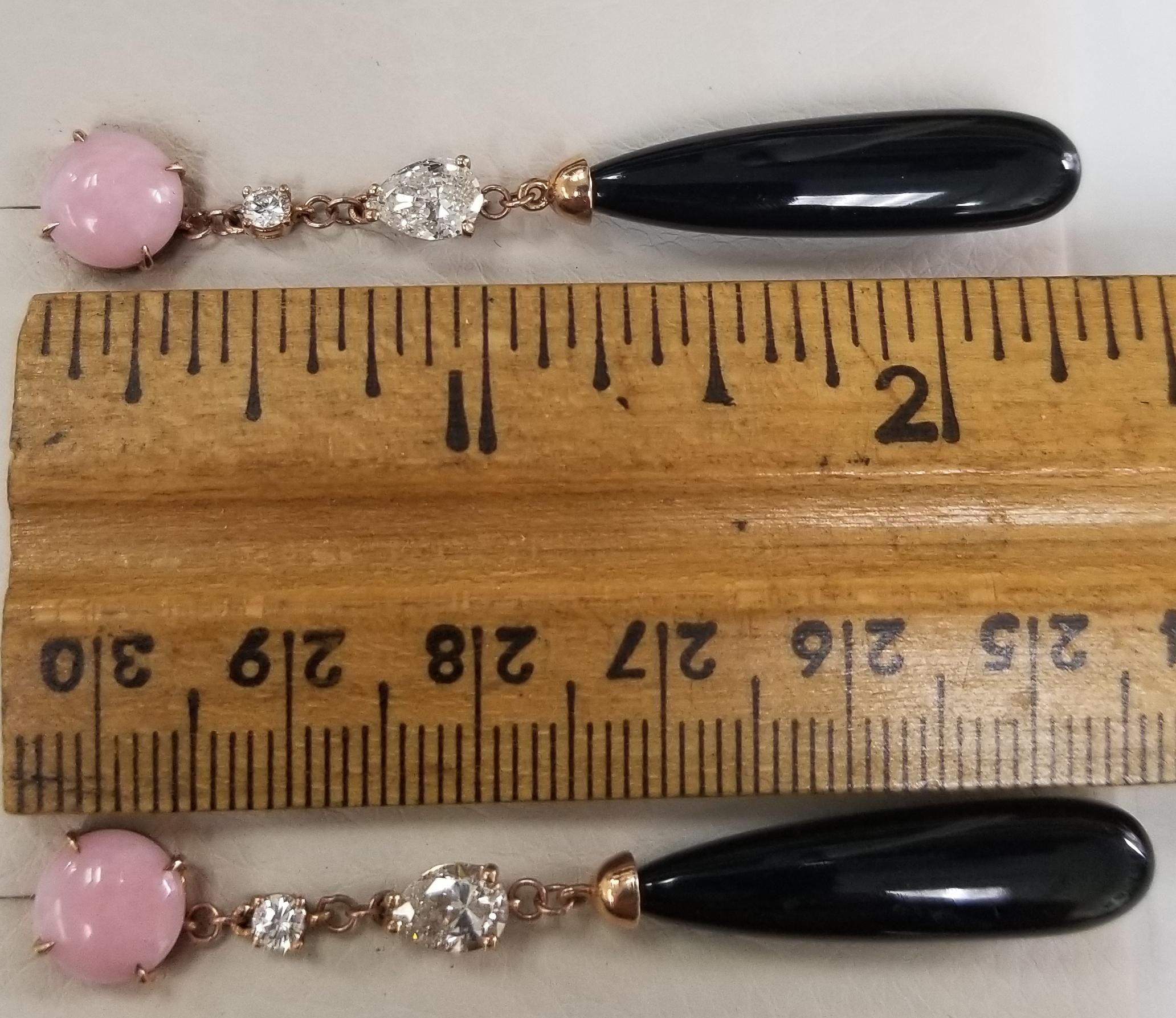 Women's 14 Karat Rose Gold Deco Inspired Pink Opal, Diamond and Black Jade Earrings For Sale