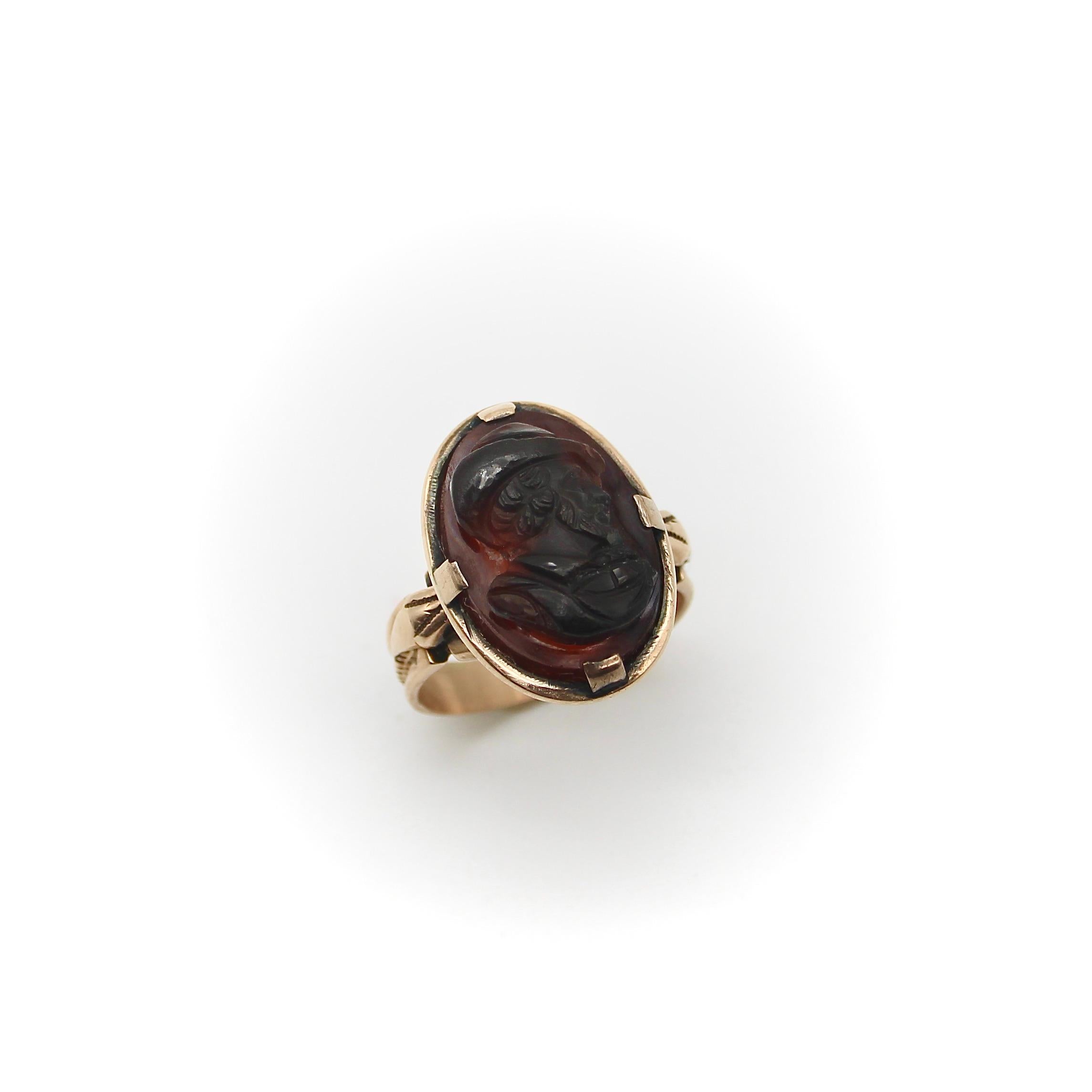 Victorian 14K Rose Gold Deep Red Agate Cameo Ring  For Sale