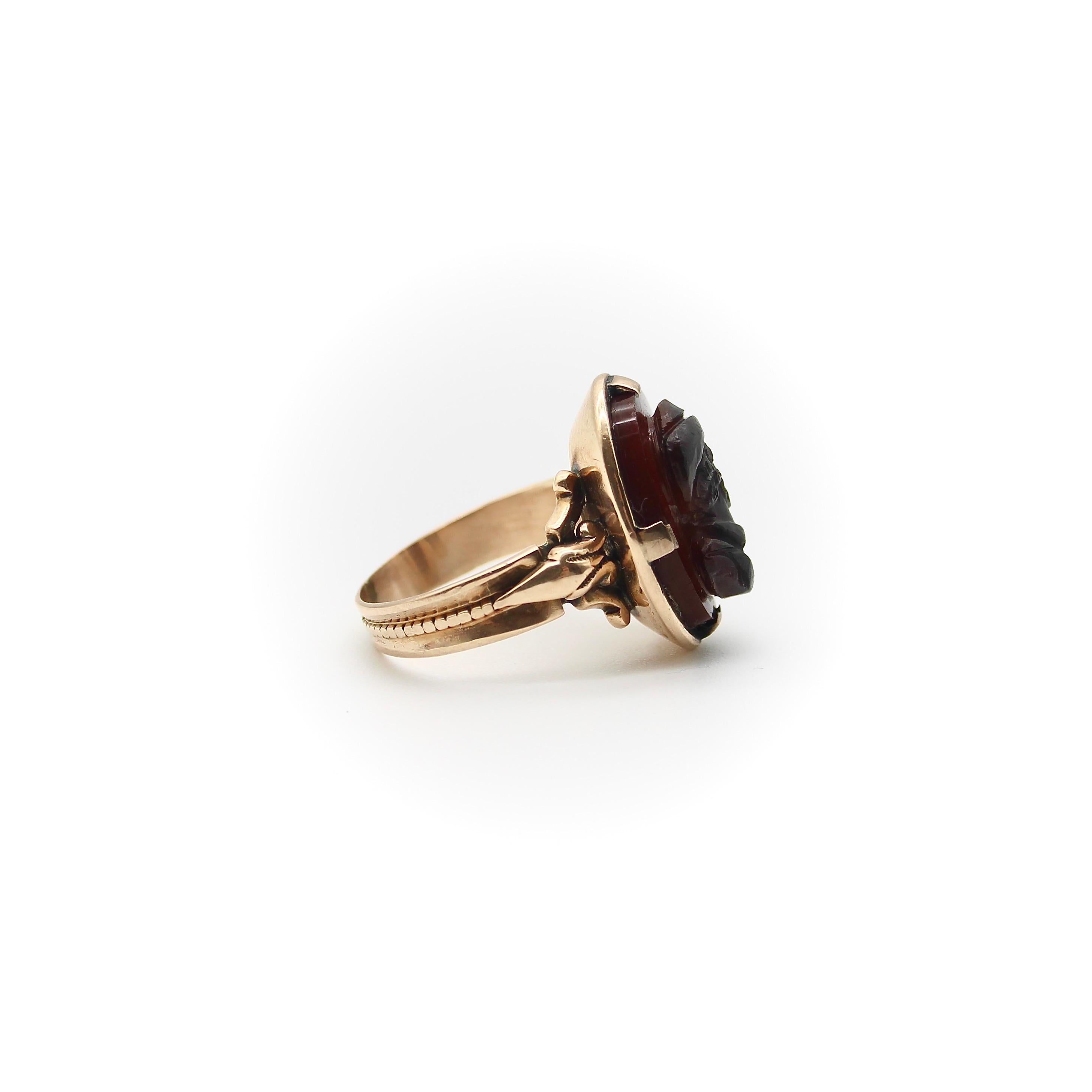 14K Rose Gold Deep Red Agate Cameo Ring  For Sale 1