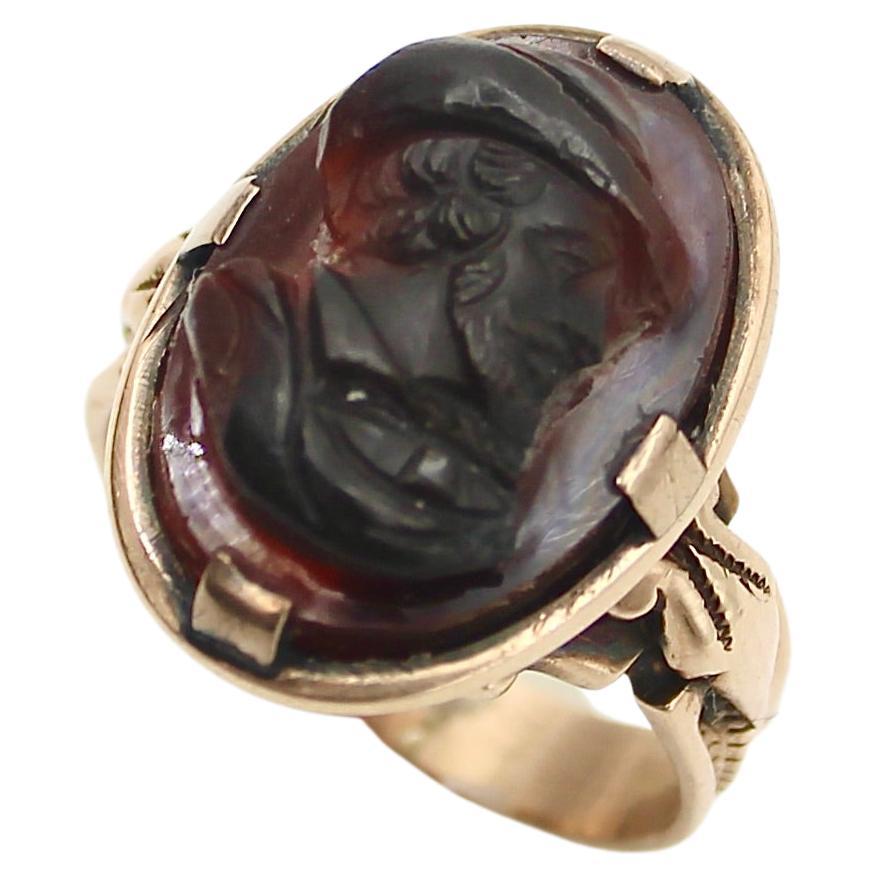 14K Rose Gold Deep Red Agate Cameo Ring  For Sale