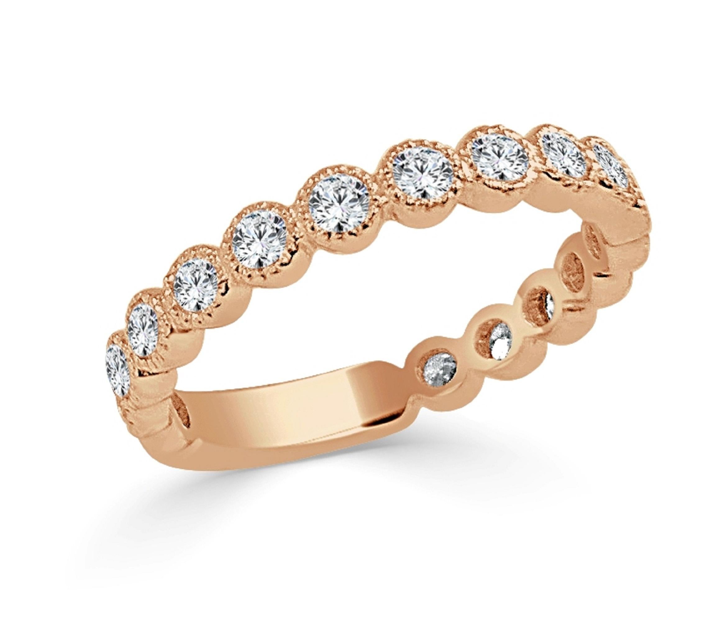 Round Cut 14K Rose Gold Diamond 3/4 Way Around Band for Her For Sale