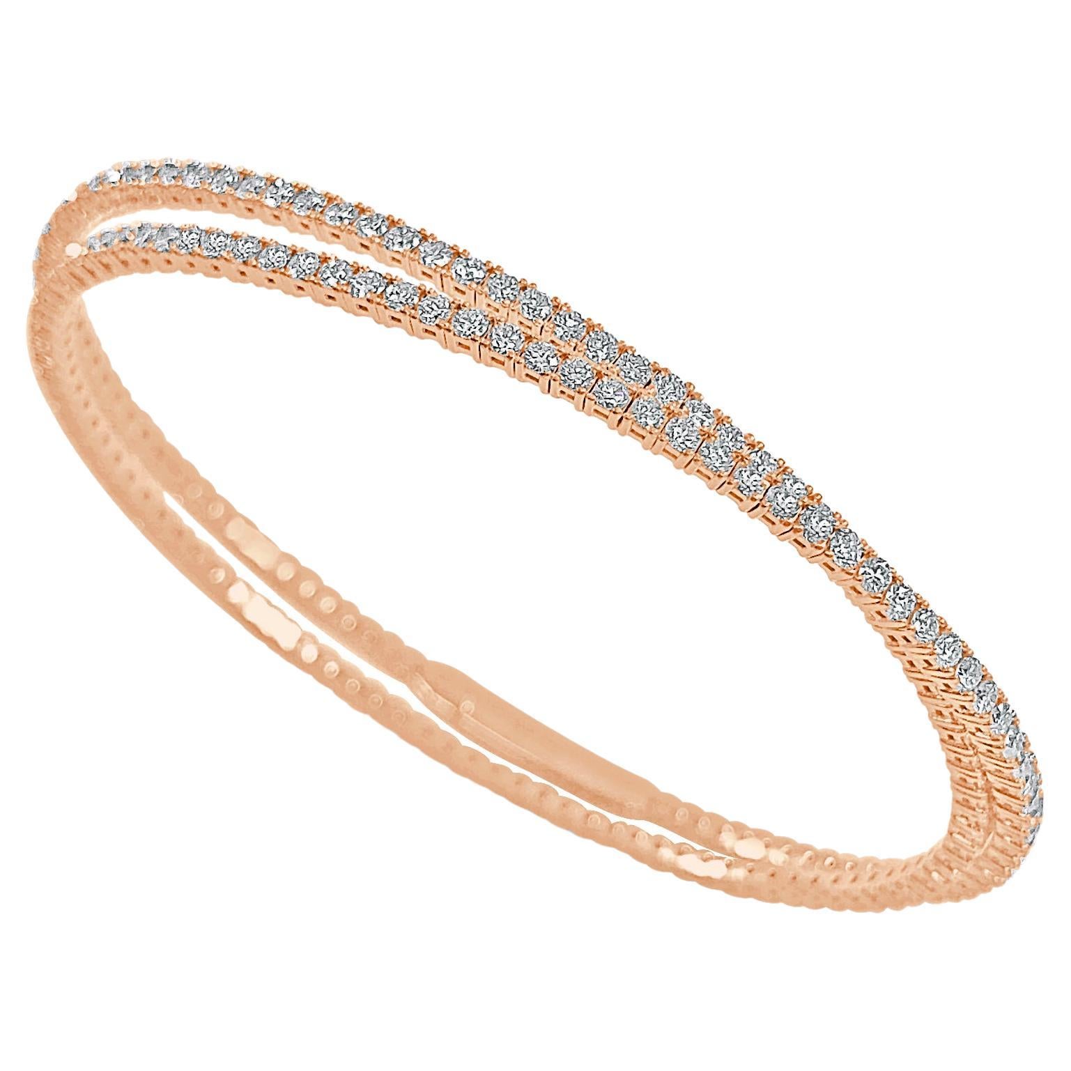 14K Rose Gold Diamond 3.35ct Flexible Double Wrap Bangle for Her For Sale