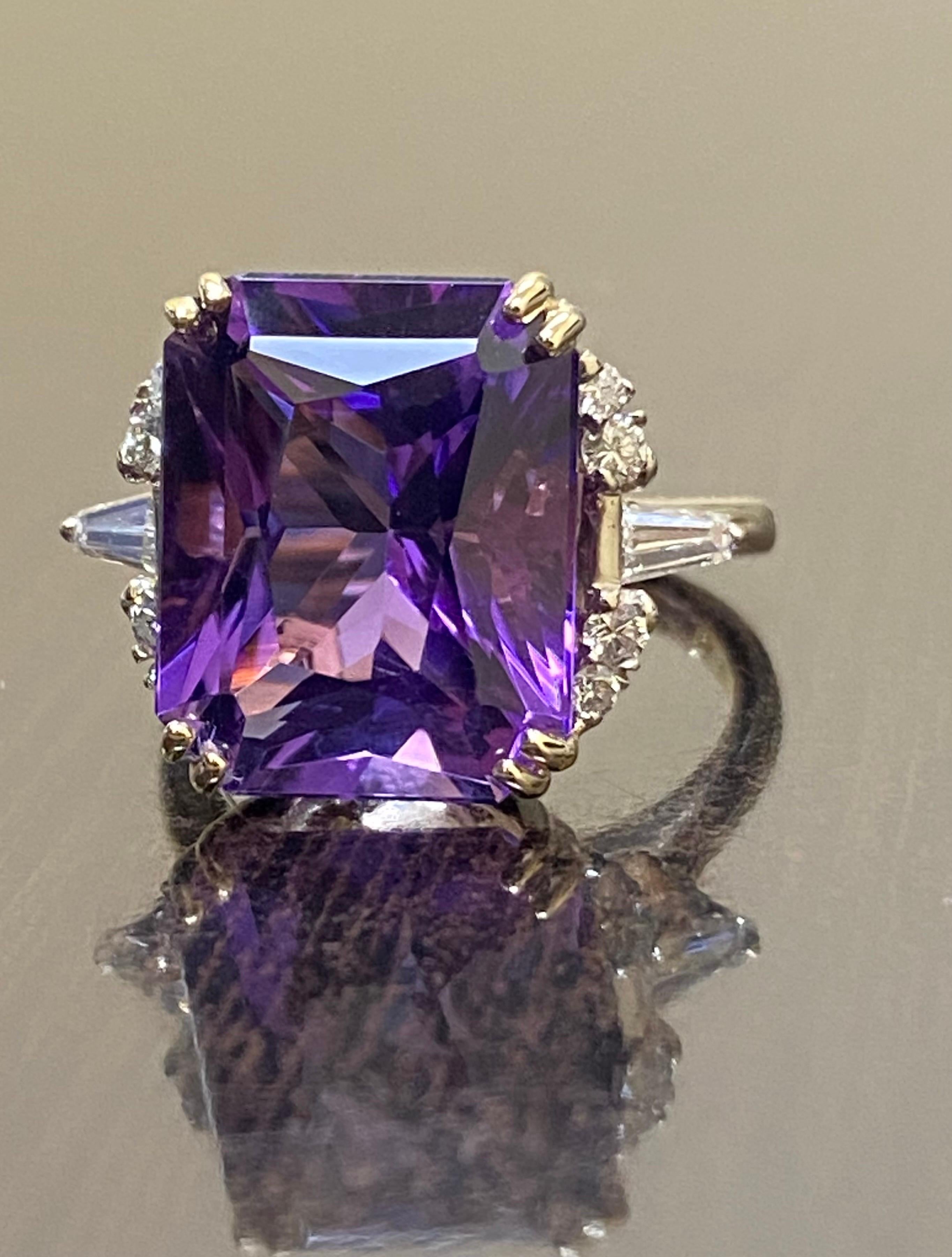 14K Rose Gold Diamond 9 Carat Radiant Cut Amethyst Engagement Ring In New Condition For Sale In Los Angeles, CA