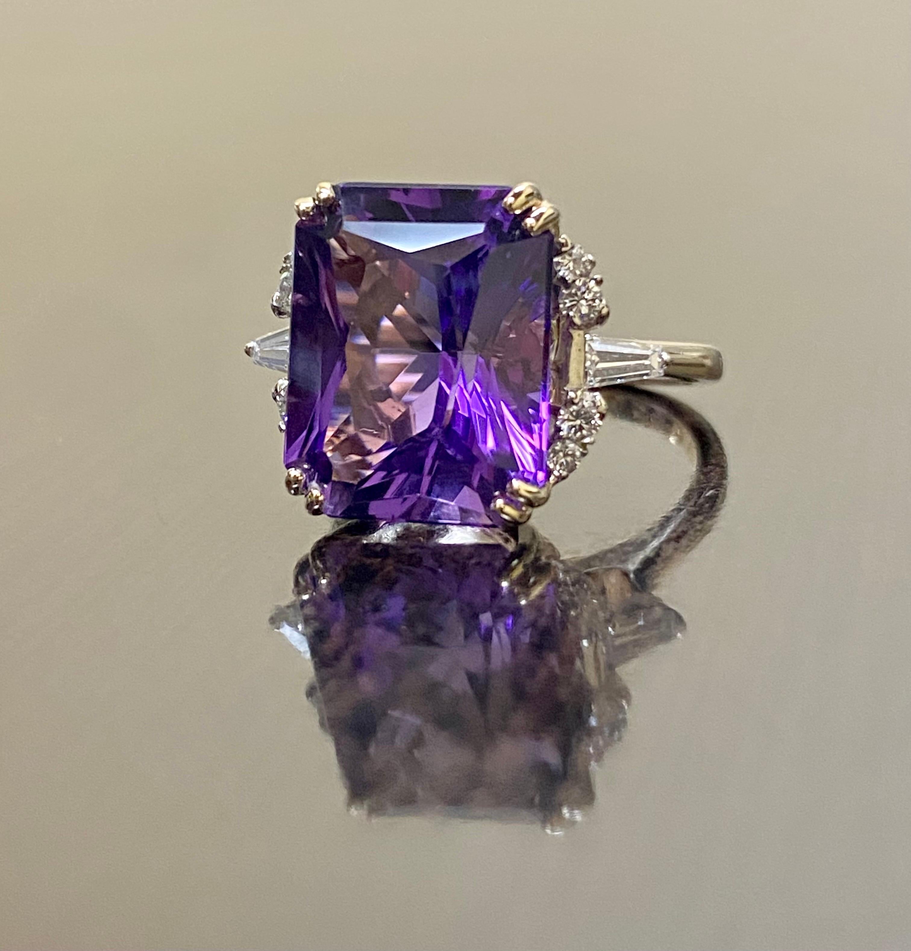 14K Rose Gold Diamond 9 Carat Radiant Cut Amethyst Engagement Ring In New Condition For Sale In Los Angeles, CA