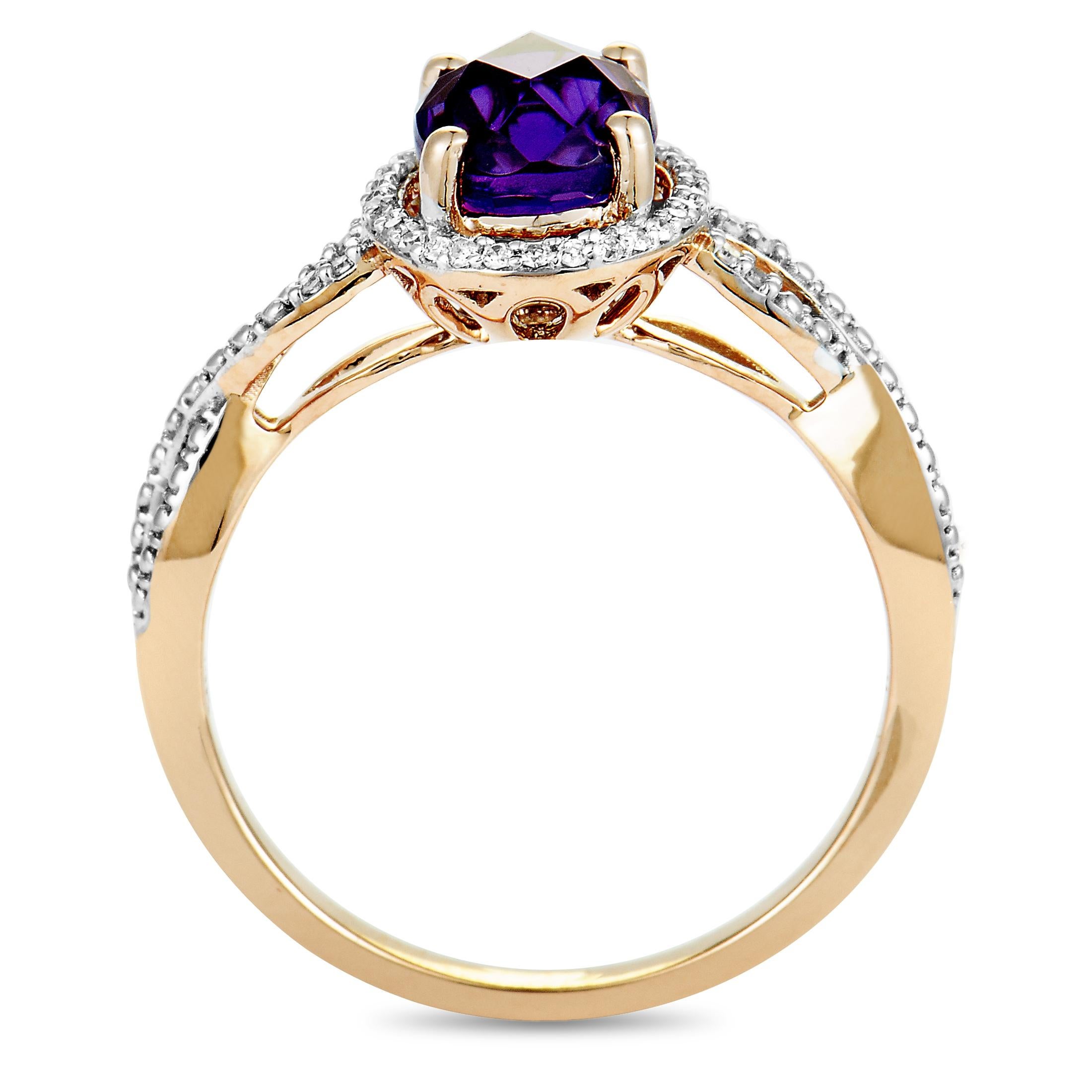 This ring is crafted from 14K rose gold and weighs 2.9 grams. It is set with an amethyst and a total of 0.10 carats of diamonds. The ring boasts band thickness of 1 mm and top height of 7 mm, with top dimensions measuring 20 by 10 mm.
 
 Offered in