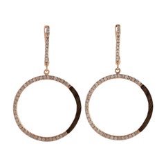 14K Rose Gold Diamond and Ebony Wood Circle Drop Earrings, Pave Diamond Hoops