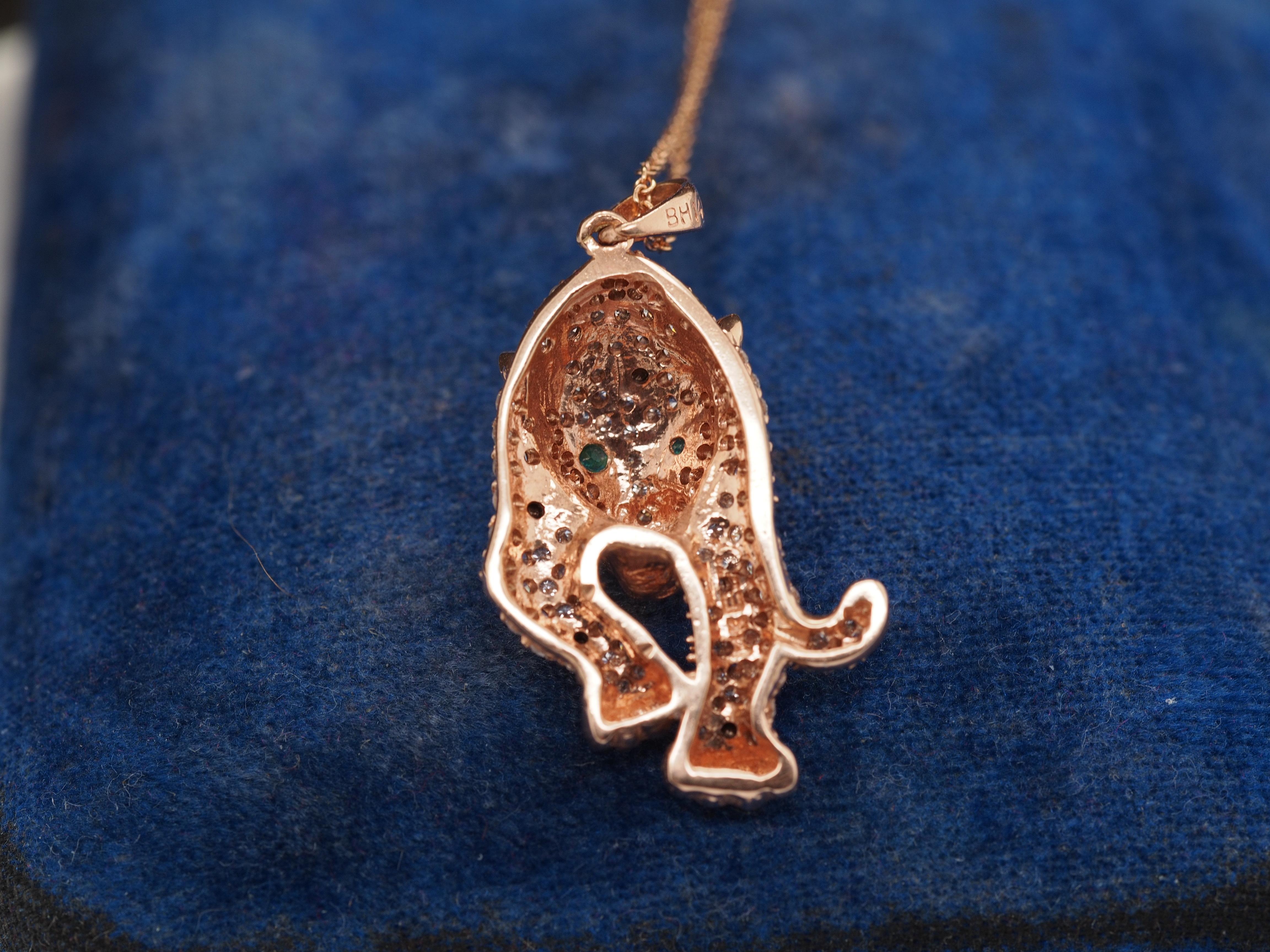 Contemporary 14K Rose Gold Diamond and Emerald Panther Pendant and Necklace For Sale