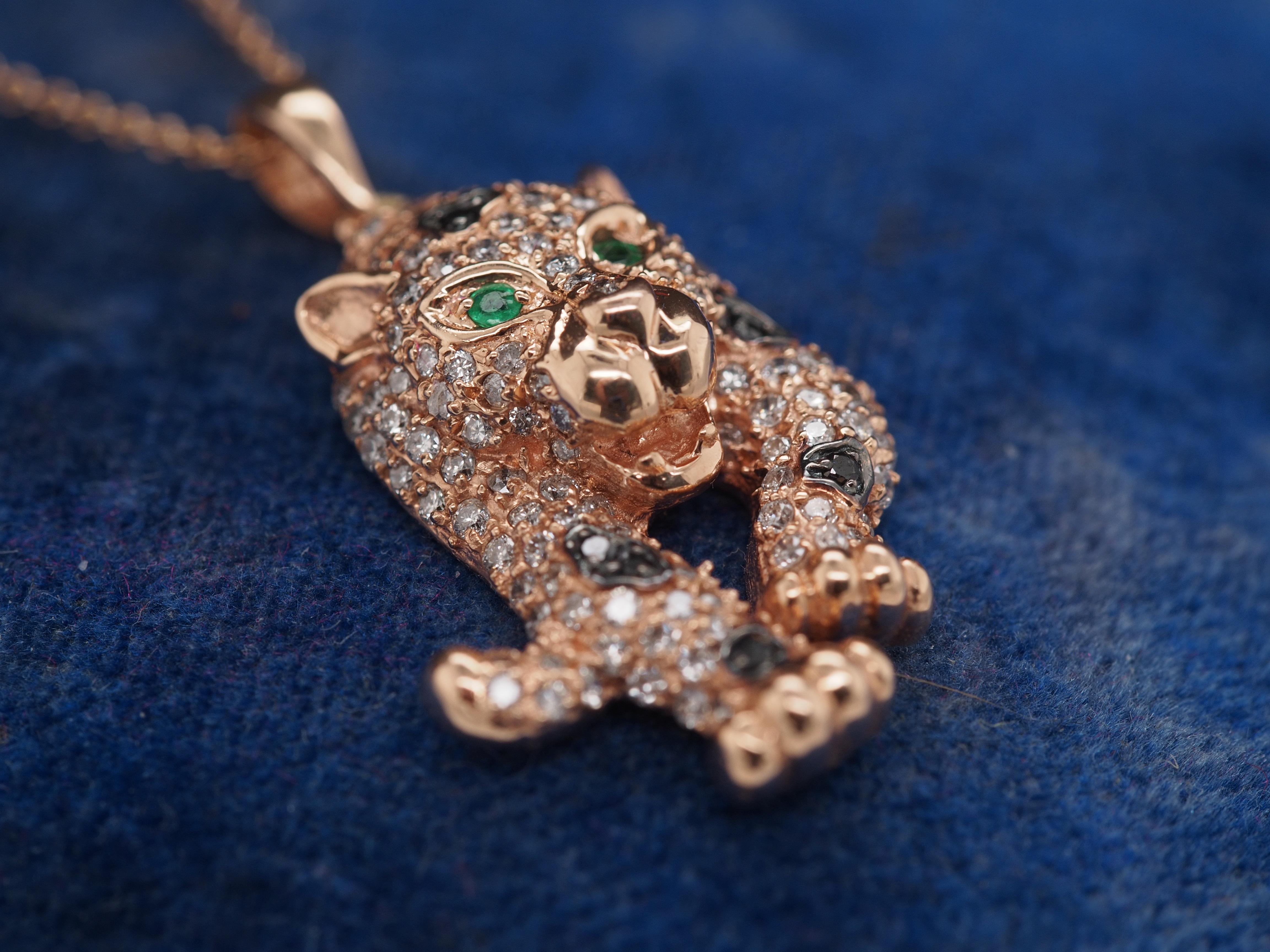 Women's 14K Rose Gold Diamond and Emerald Panther Pendant and Necklace For Sale