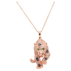 14K Rose Gold Diamond and Emerald Panther Pendant and Necklace
