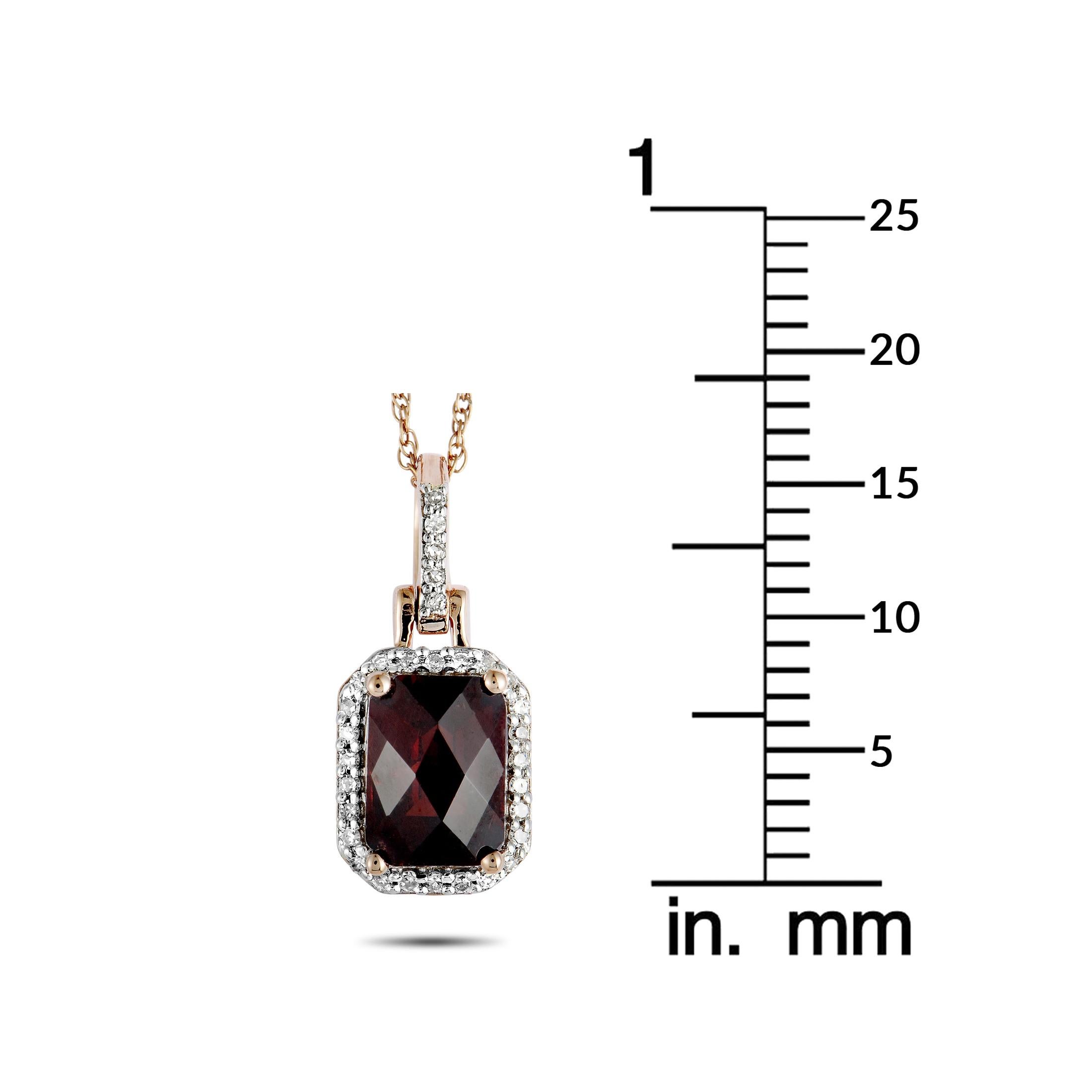 This necklace is made of 14K rose gold and set with a garnet and a total of 0.09 carats of diamonds. It has an 18.00” long chain with spring ring closure, while the pendant measures 0.62” in length and 0.25” in width. The necklace weighs 1.8 grams.
