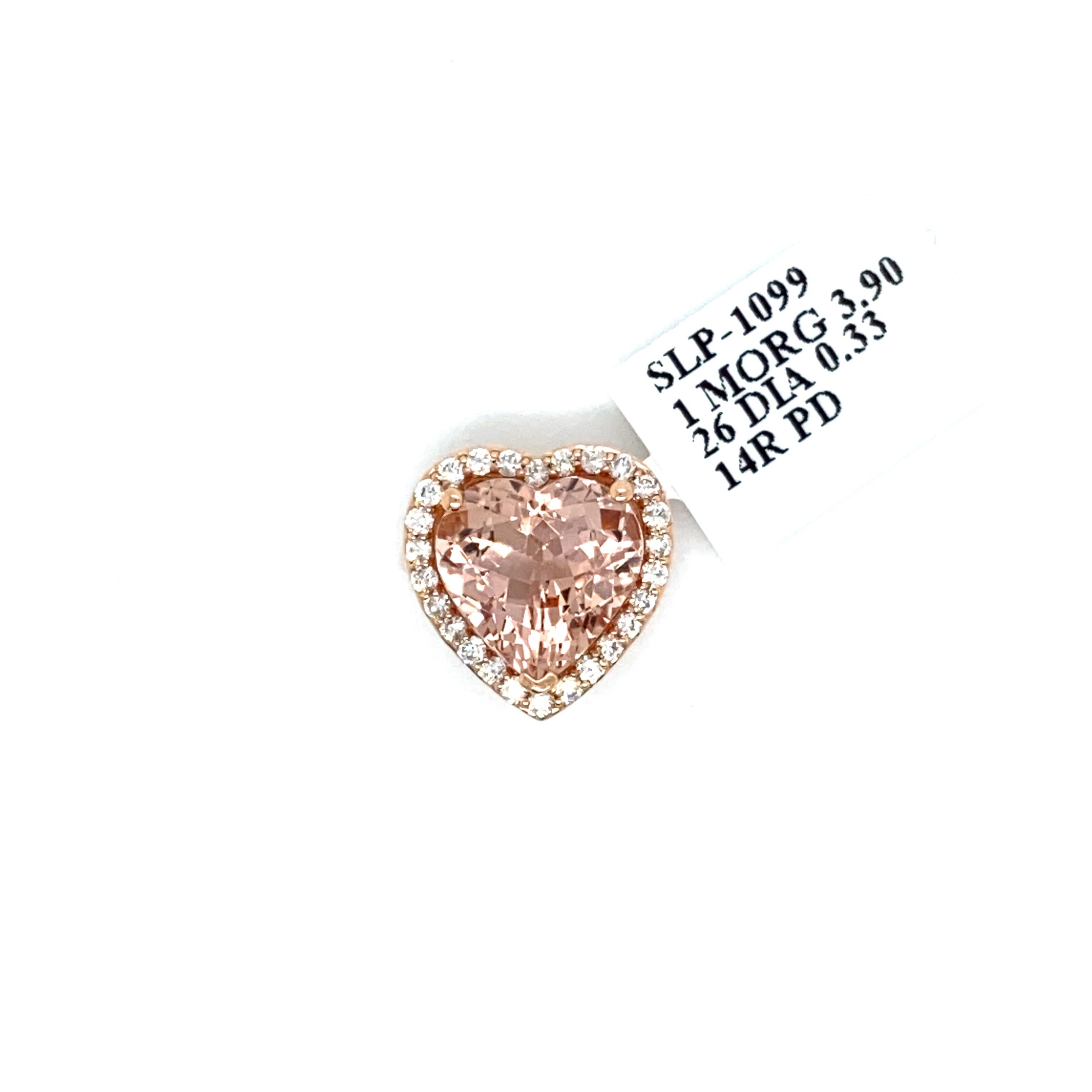 Women's or Men's 14K Rose Gold Diamond and Heart Shape Morganite Halo Pendant For Sale