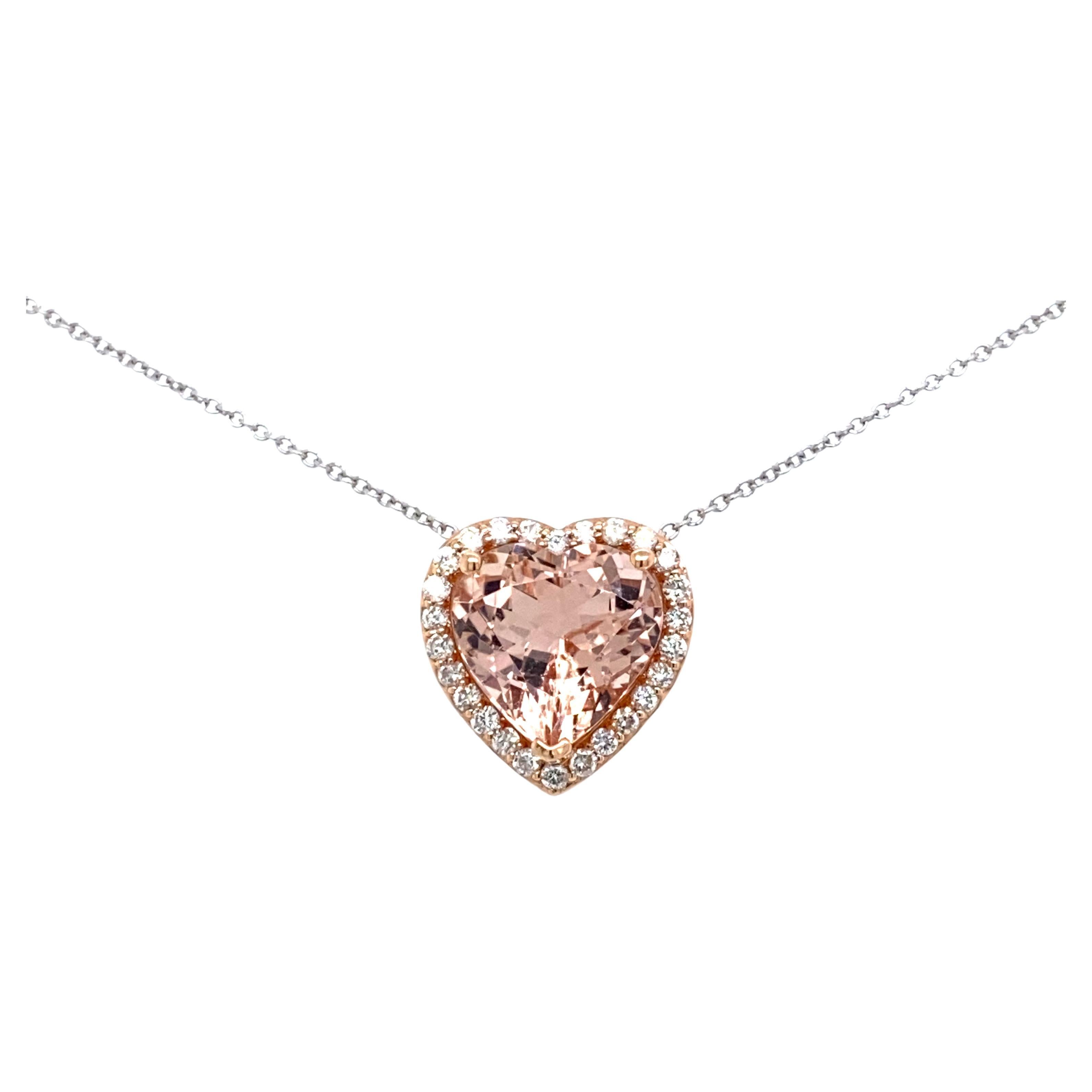 14K Rose Gold Diamond and Heart Shape Morganite Halo Pendant For Sale