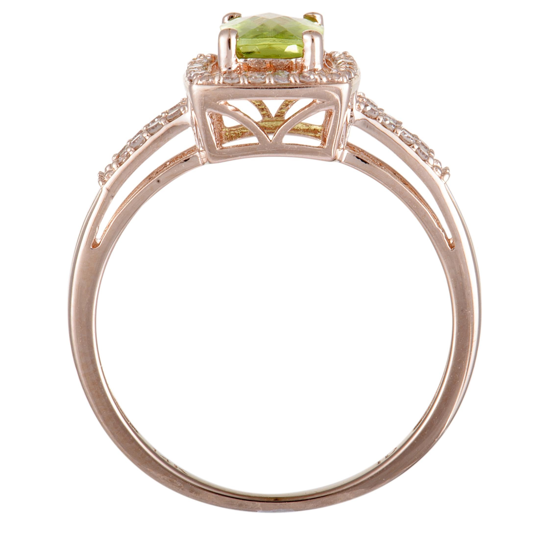 The expertly cut peridot takes the central place in this superb ring in an exceptionally eye-catching manner, beautifully contrasting the warm-toned radiance of rose gold and the bright resplendence of white diamonds. This delightful jewelry piece