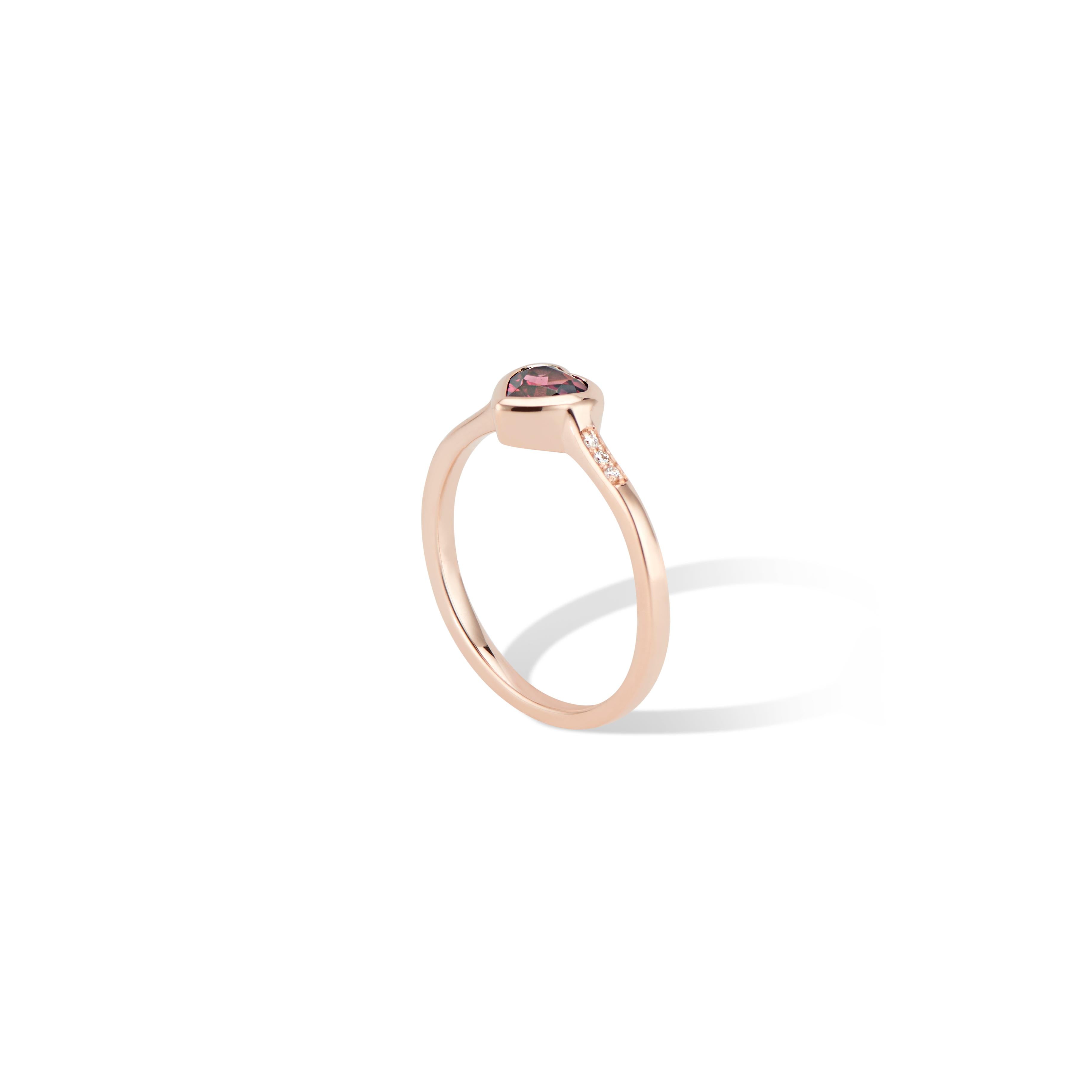 This 14K Rose Gold Diamond and Rhodolite Heart Ring is a petite stacking ring. 
Layer with more hearts, bezel set gems or stacking bands.

Featuring a striking ½ carat (.50tcw) Rhodolite Garnet Heart and in a polished bezel setting, with 
a little