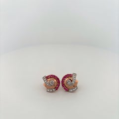 14K Rose Gold Diamond and Ruby Stud Earrings bezel
