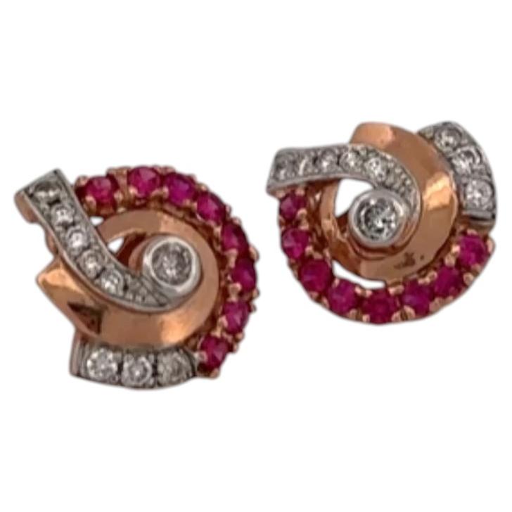 14K Rose Gold Diamond and Ruby Stud Earrings bezel For Sale