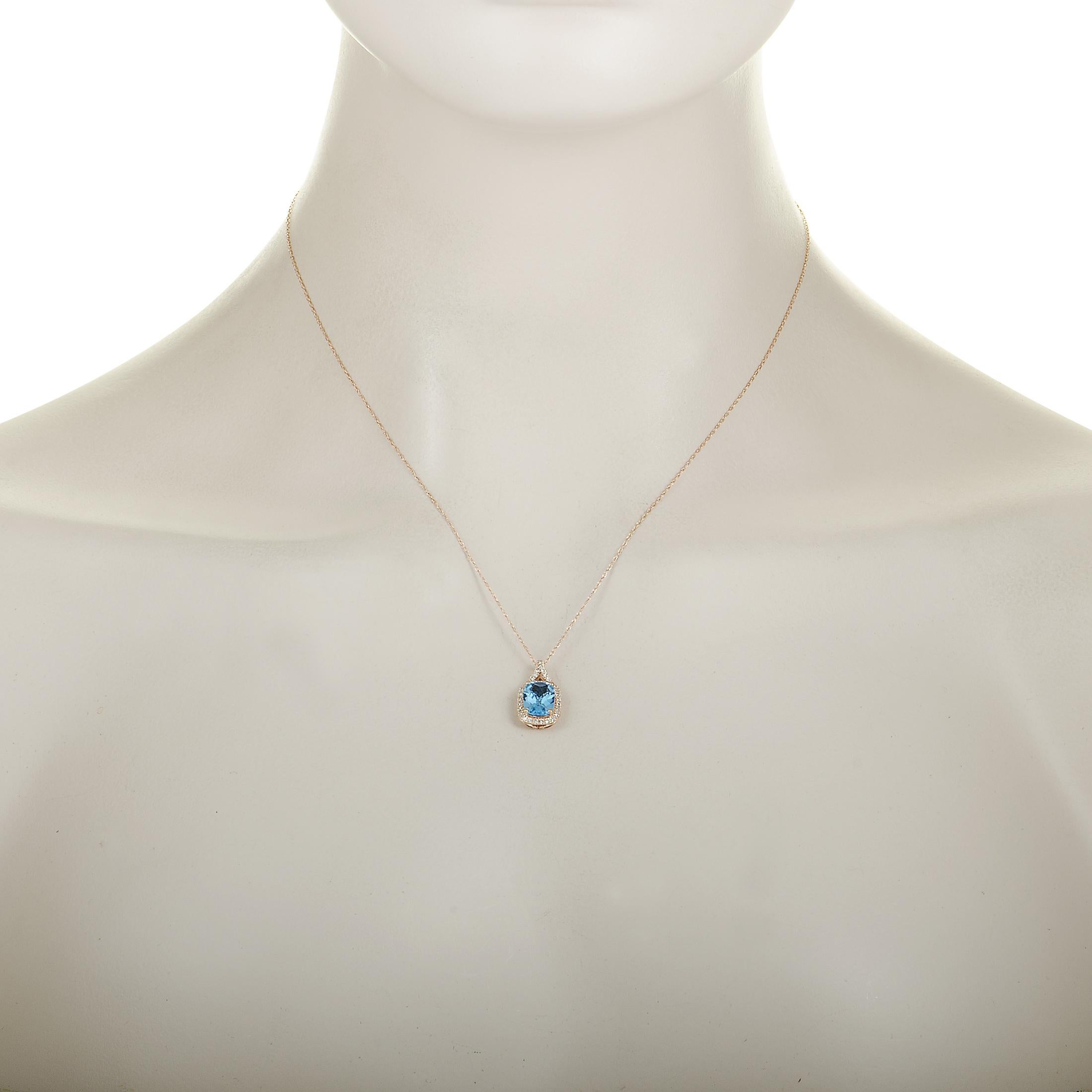 The necklace is made out of 14K rose gold, diamonds, with stone weight totaling 0.13 carat, and a topaz.
 
 Offered in brand new condition, the pendant measures 0.62” by 0.37” with a chain length of 17”, weighing a total of 2.2 grams with a spring