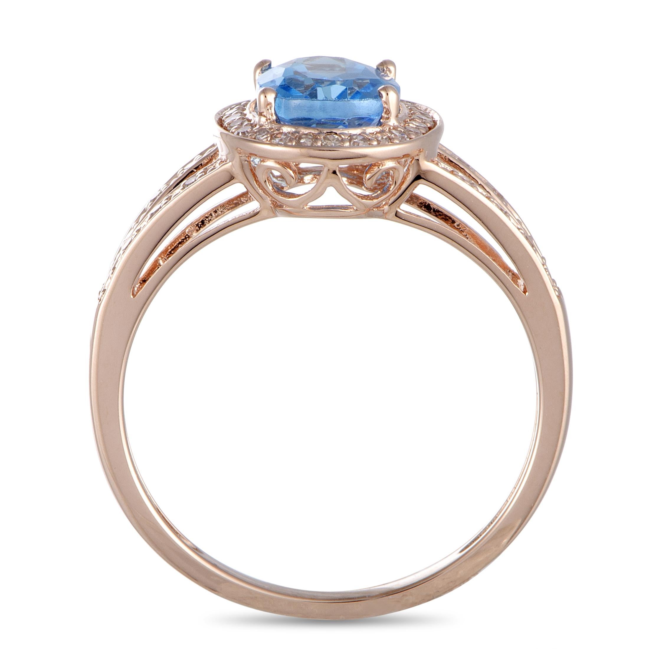 This ring is crafted from 14K rose gold and set with a topaz and with diamonds that amount to 0.16 carats. The ring weighs 2.6 grams, boasting band thickness of 2 mm and top height of 6 mm, while top dimensions measure 12 by 10 mm.
 
 Offered in