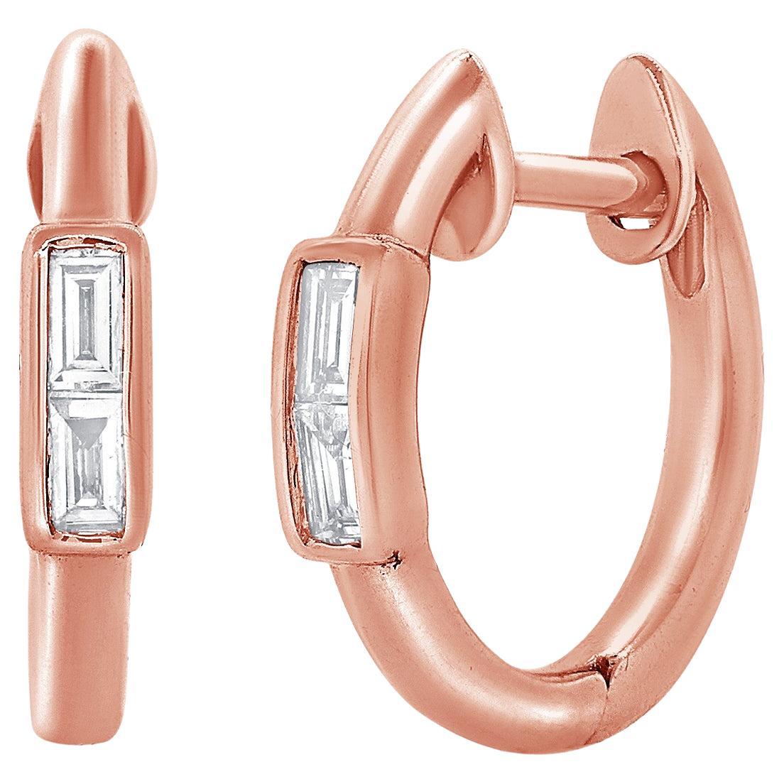 14K Rose Gold Diamond Baguette Huggie Earrings for Her