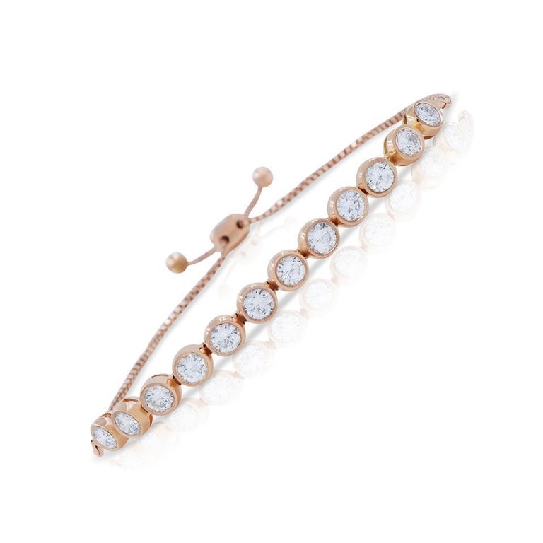 14 Karat Rose Gold Diamond Bolo Chain Bezel Set Bracelet 2.05 Carat at