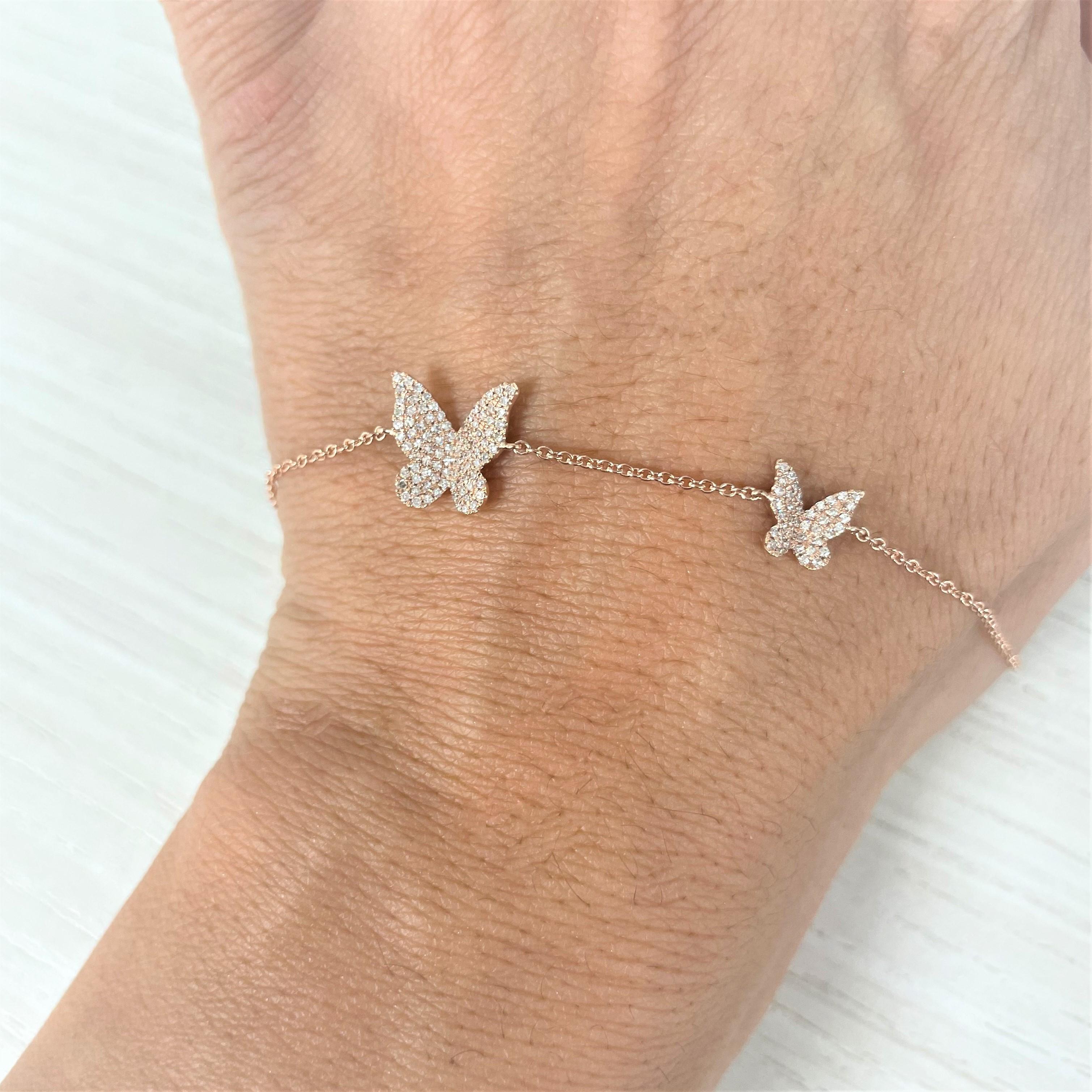 Single Cut 14K Rose Gold Diamond Butterfly Chain Bracelet for Her For Sale