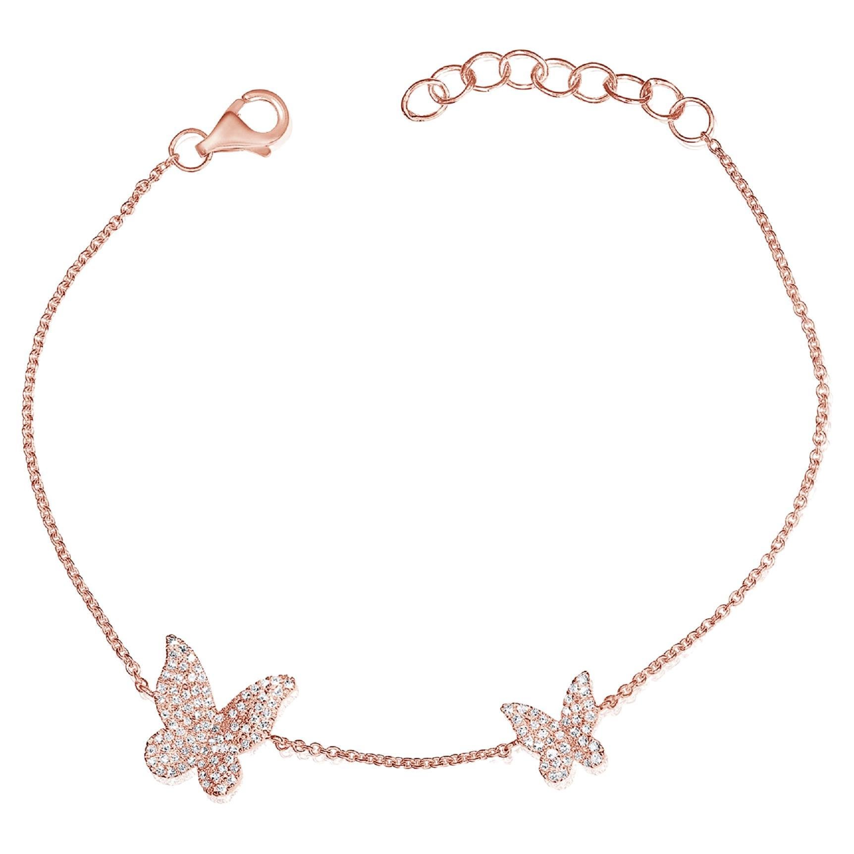 14K Rose Gold Diamond Butterfly Chain Bracelet for Her For Sale