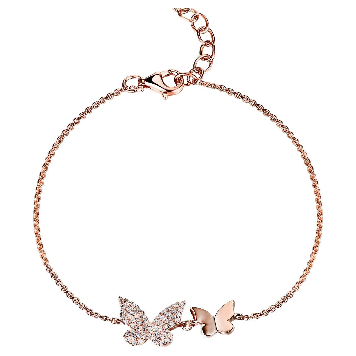 14K Rose Gold Diamond Butterfly Chain Bracelet for Her For Sale