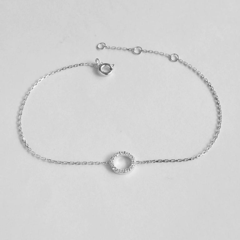 Modern 14k Rose Gold Diamond Circle Bracelet Pave Diamond Halo Round Bracelet For Sale